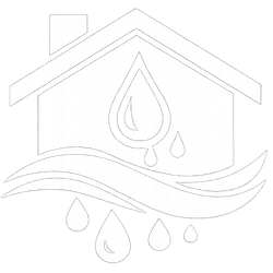 A house and water droplets symbolizing a water leak or flooding.