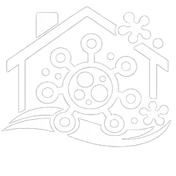 Simplified illustration of a house with a snowflake inside, surrounded by smaller snowflakes and snow-covered ground.