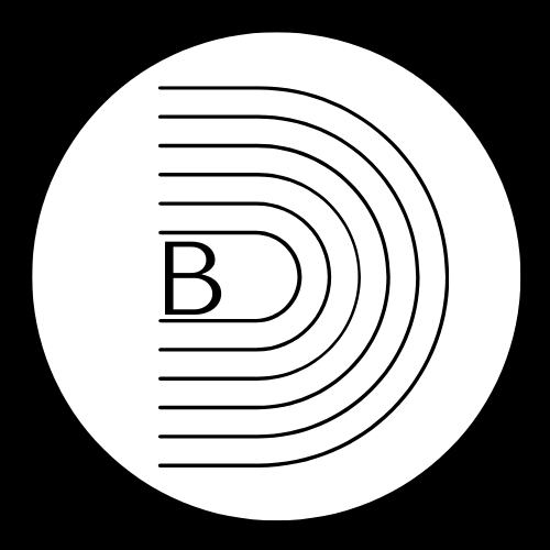Logo with a large letter 'B' on the left and multiple concentric semi-circles on the right, in black and white.