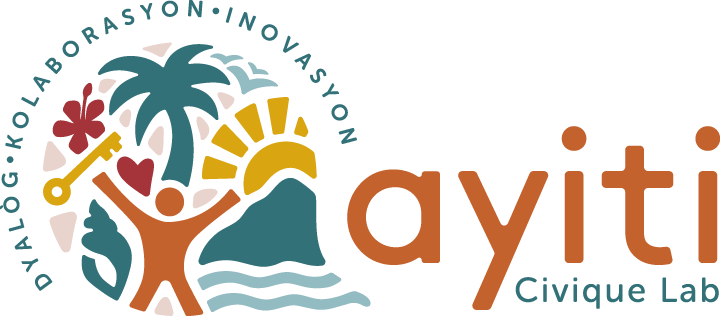 Logo featuring a stylized tree with a person, a palm tree, the sun, and waves, with the words 'ayiti' and 'Civique Lab' and surrounding text 'Odialogikoklasoryason' and 'Inovasyon'.
