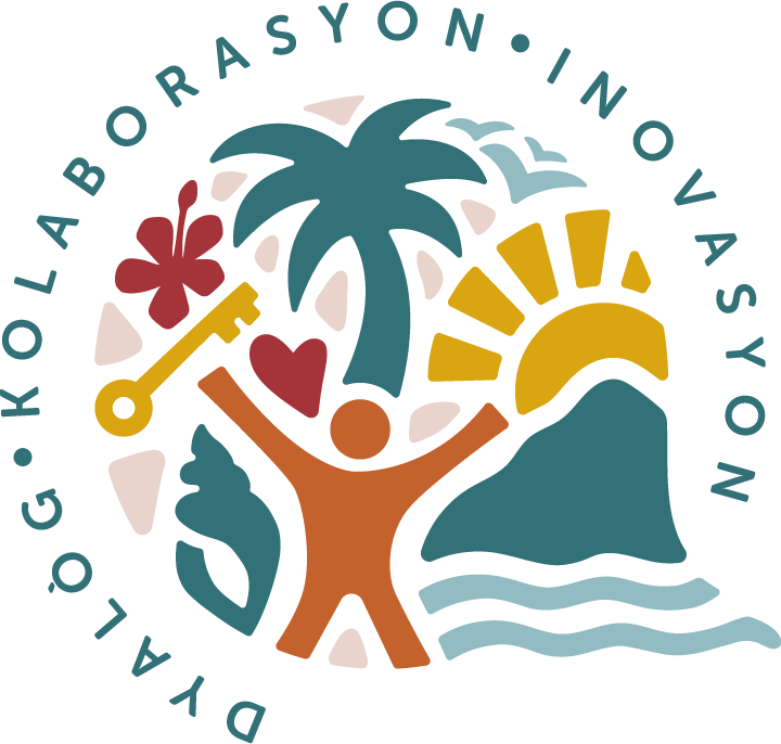 A circular logo with a person reaching up to a palm tree, a house, the sun, a red heart, a yellow key, a blue cat, and waves, with the text "Diversity, Global, Love, Kind, Rasyon, Inovasyon, Vasyon" encircling the design.