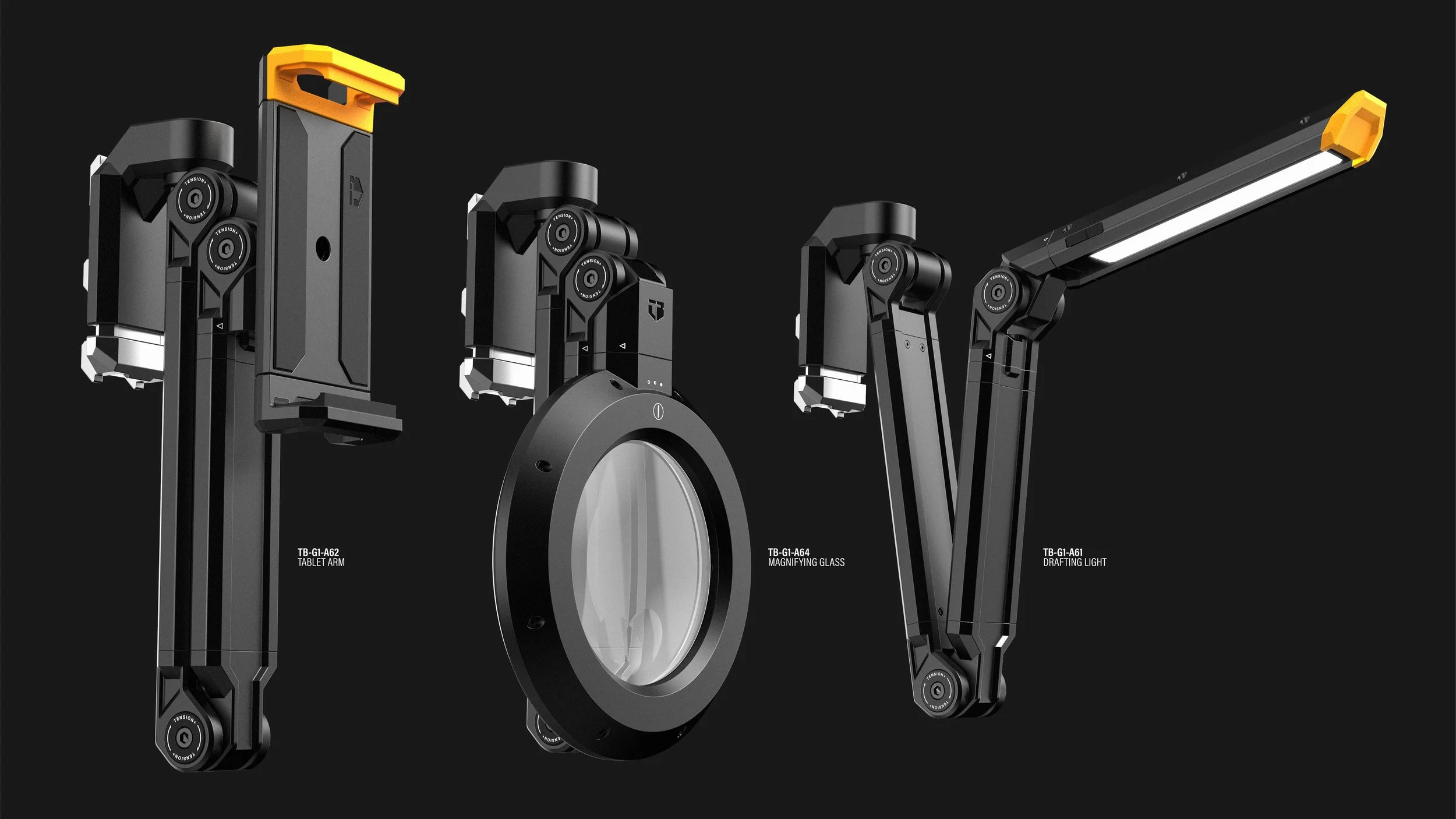 In addition to the cabinets, accessories like these articulating arms were designed to work with both Garage Org. and StackTech systems.