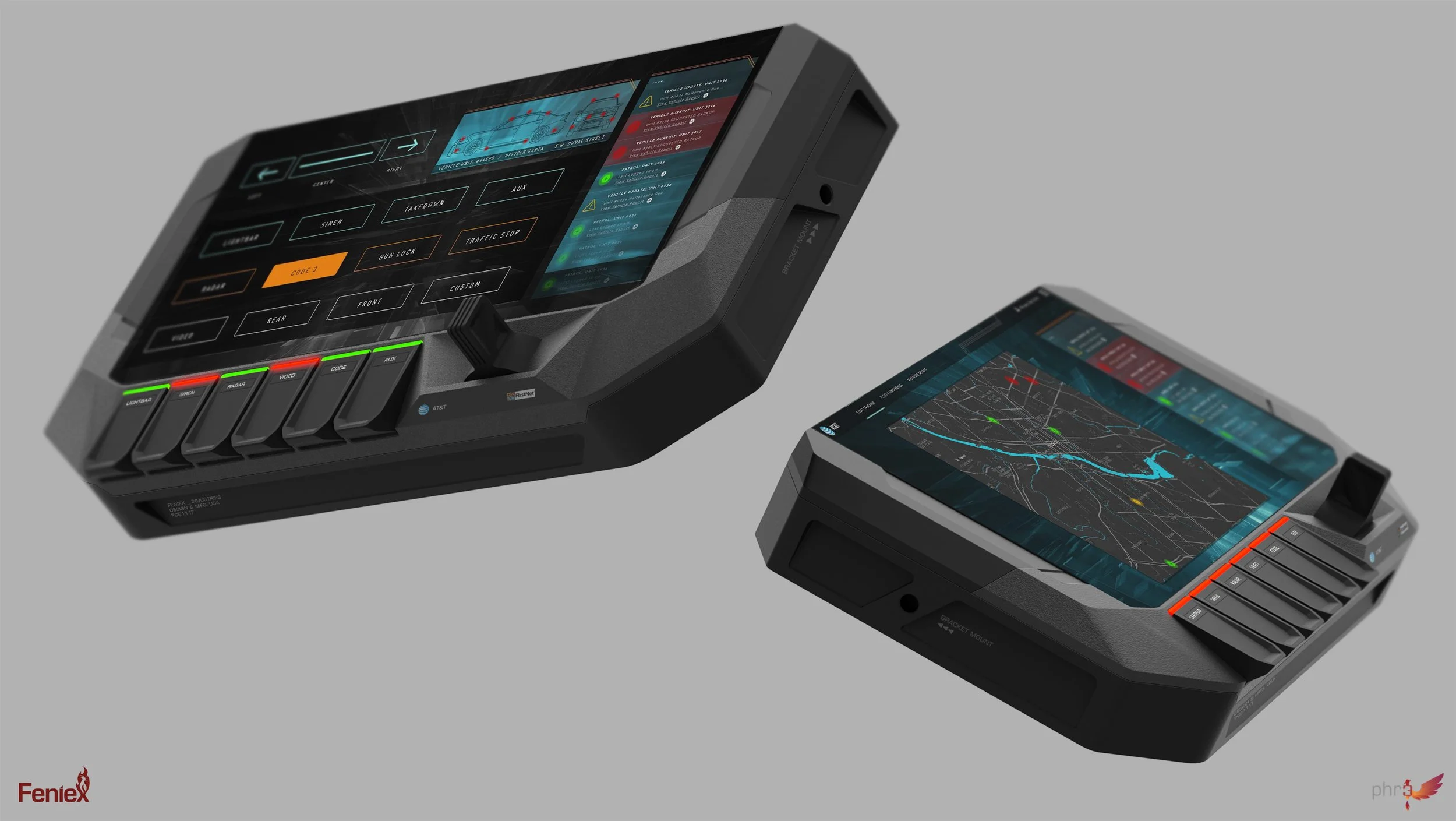 This FENIEX module allowed the L.E.O. to control the squad car, as well as interact with fellow officers through uploaded and shared bodycam media.