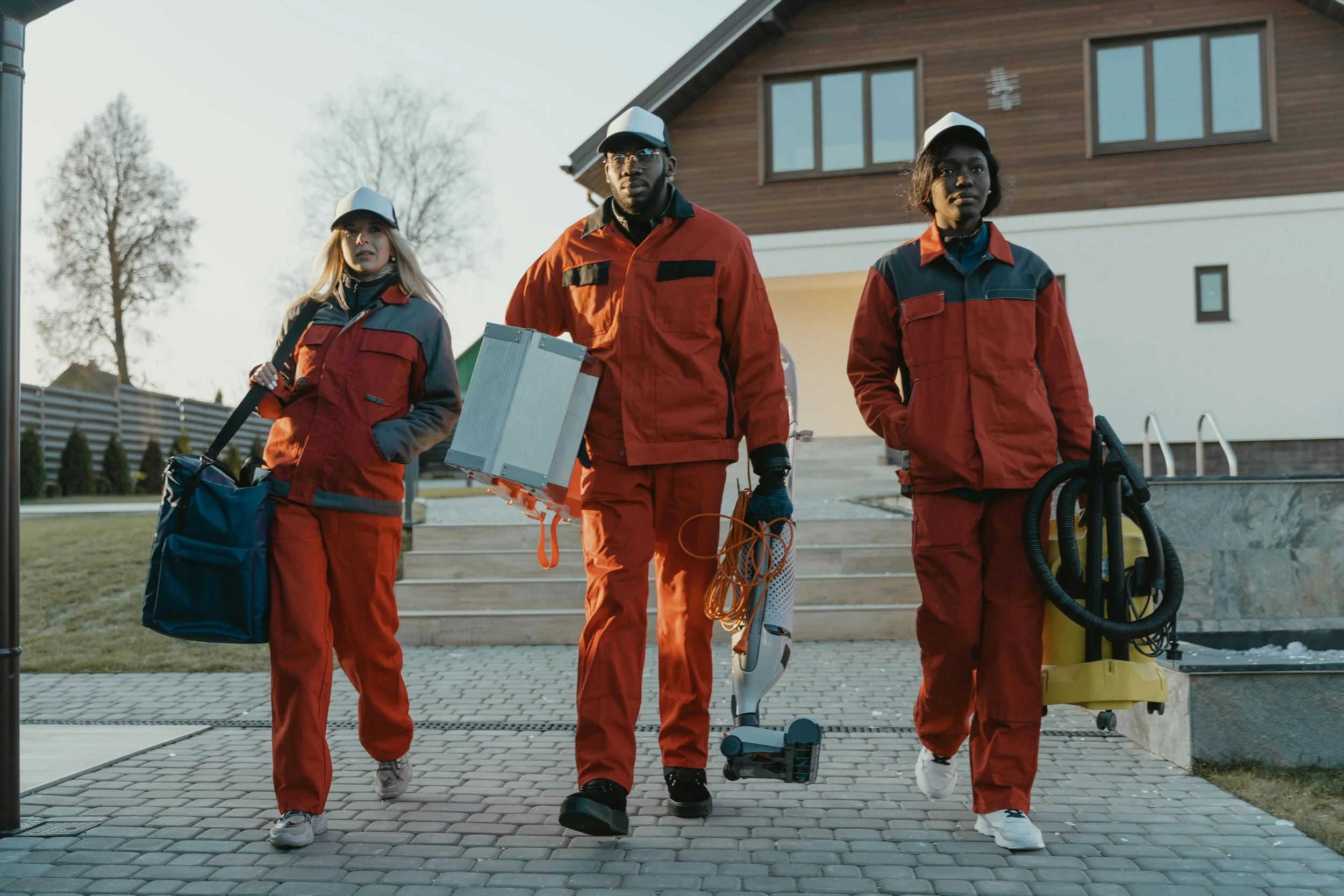Three deep cleaners wearing orange uniforms and white hats getting ready to do a house cleaning through Fresh fix cleaning.