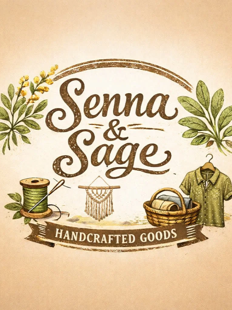 Logo for Senna & Sage, a handmade goods shop, featuring green leaves, a spool of green thread, a macrame wall hanging, a basket with fabric, and a green shirt.