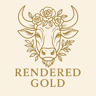 A photo of Rendered Gold's logo, consisting of a bull's head with flowers around it and the name Rendered Gold below it.