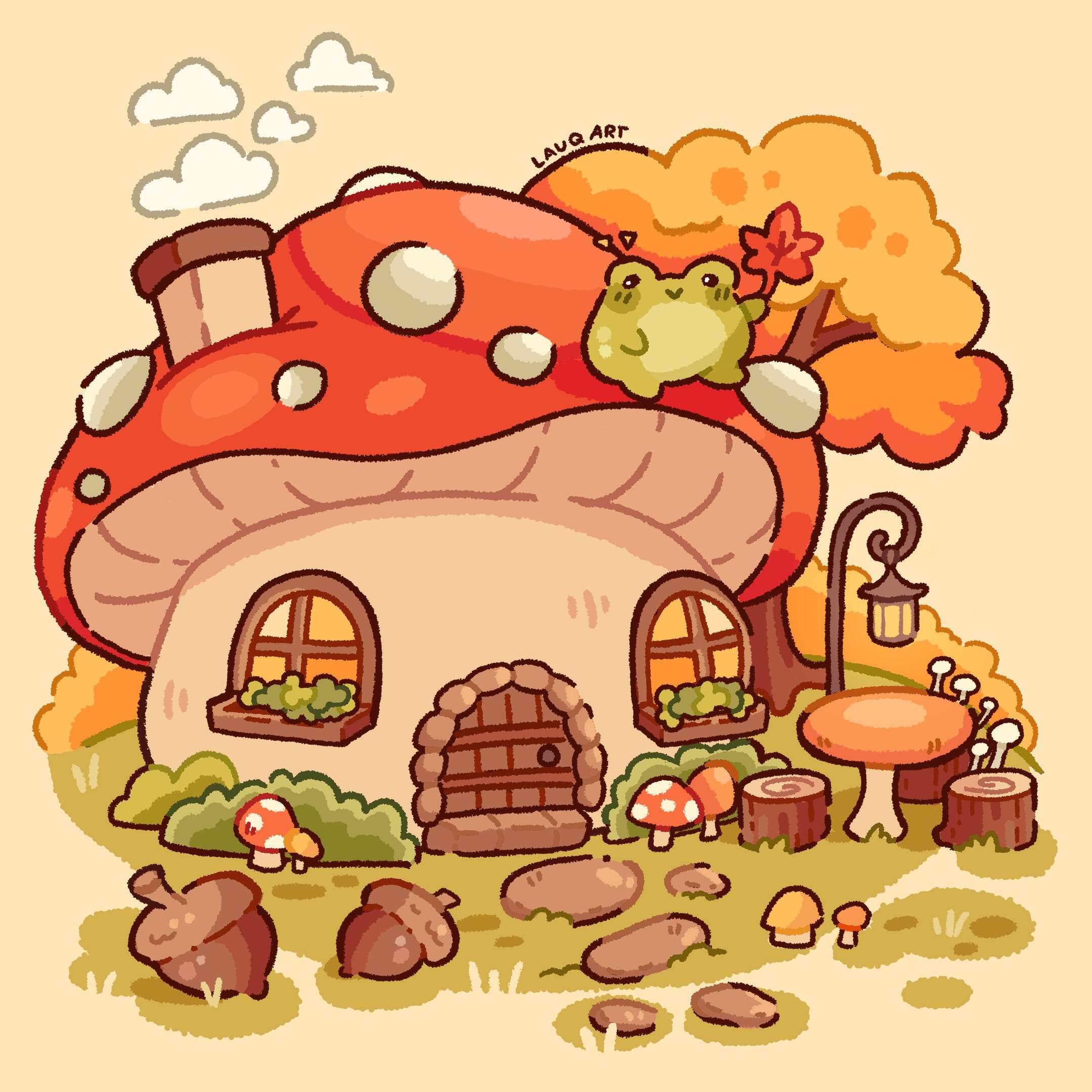 A whimsical fairy-tale house shaped like a mushroom with red cap and white spots, surrounded by autumn trees, mushrooms, and greenery.