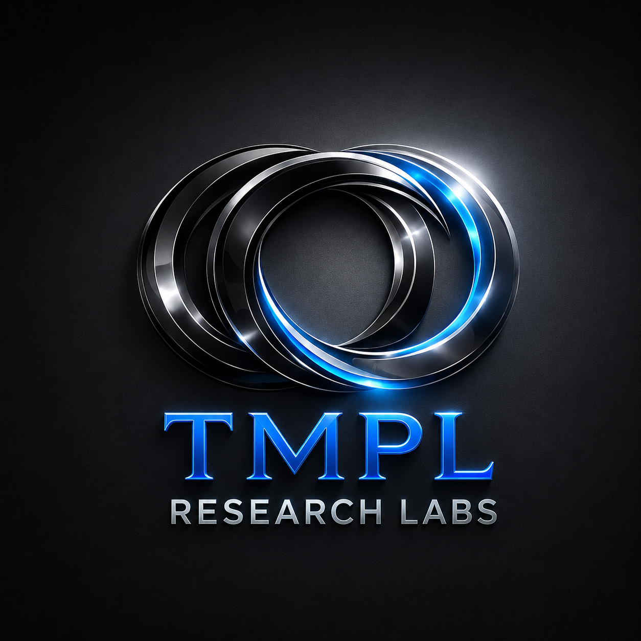 A dark background with a metallic, futuristic logo of overlapping circular rings with blue accents, and the text "TMPL RESEARCH LABS" in glowing blue and white letters.