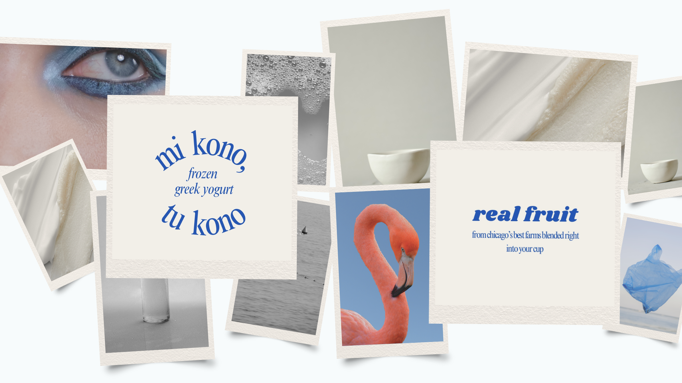 Collage of images promoting My Kono frozen Greek yogurt, including a close-up of an eye with blue eye makeup, various images of yogurt, a pink flamingo, and text highlighting natural ingredients and real fruit from Chicago's farms.