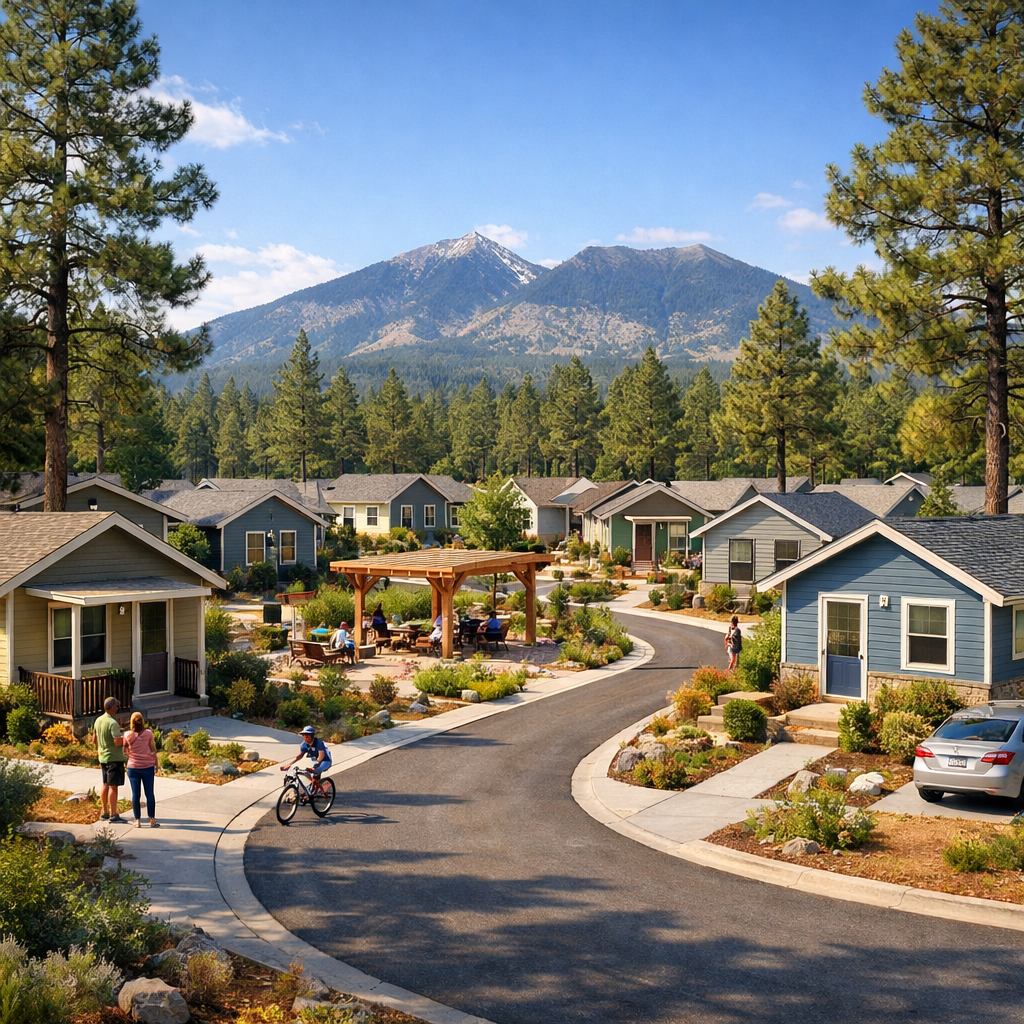 A residential neighborhood with colorful houses, a winding street, and a mountain range with snow-capped peaks in the background, under a blue sky.
