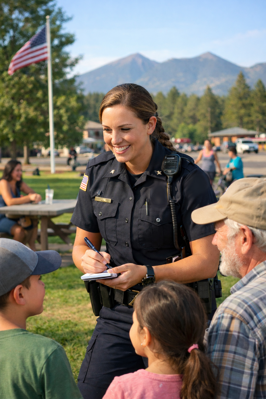 A smiling female police officer talking and taking notes from a group of children and an elderly man in a park with trees, a flag, and mountains in the background.