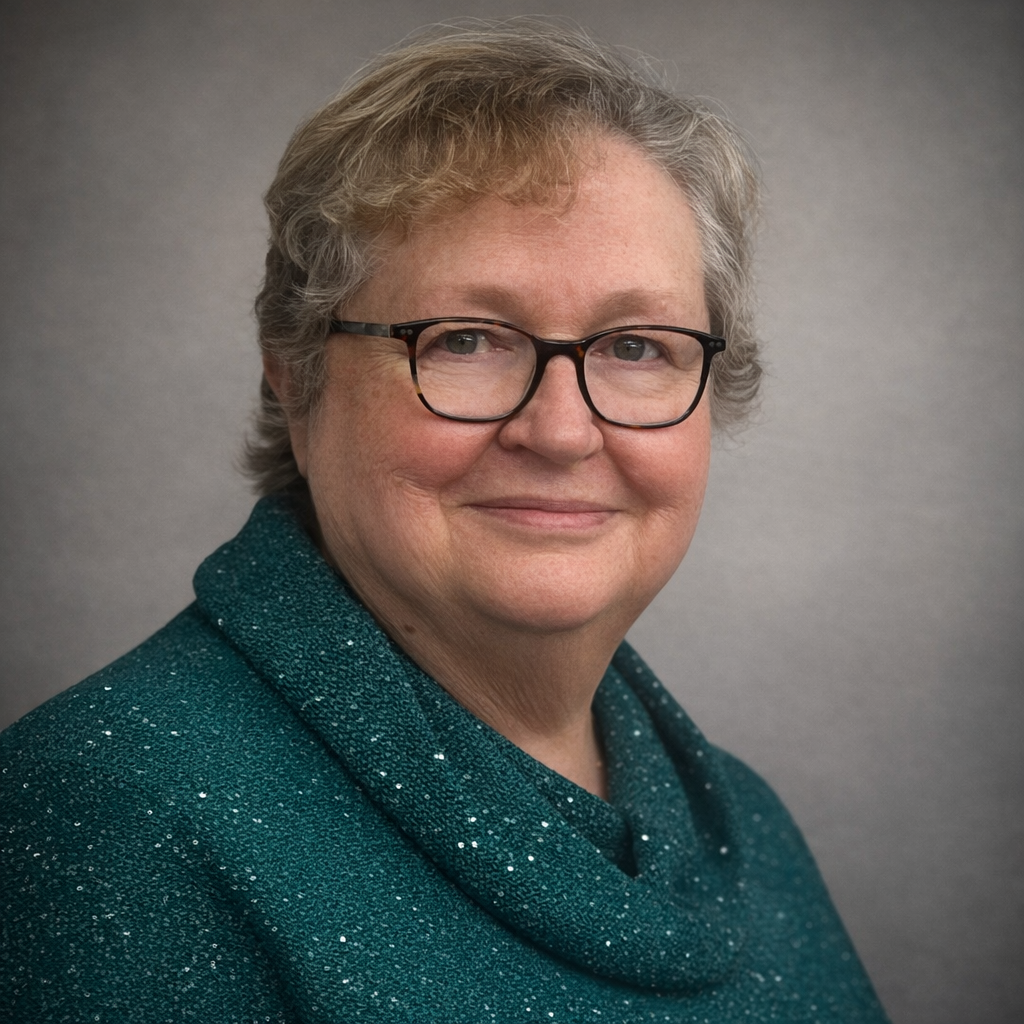 A middle-aged woman with short gray hair, glasses, and a warm smile, wearing a dark green, sparkly top, against a plain gray background.
