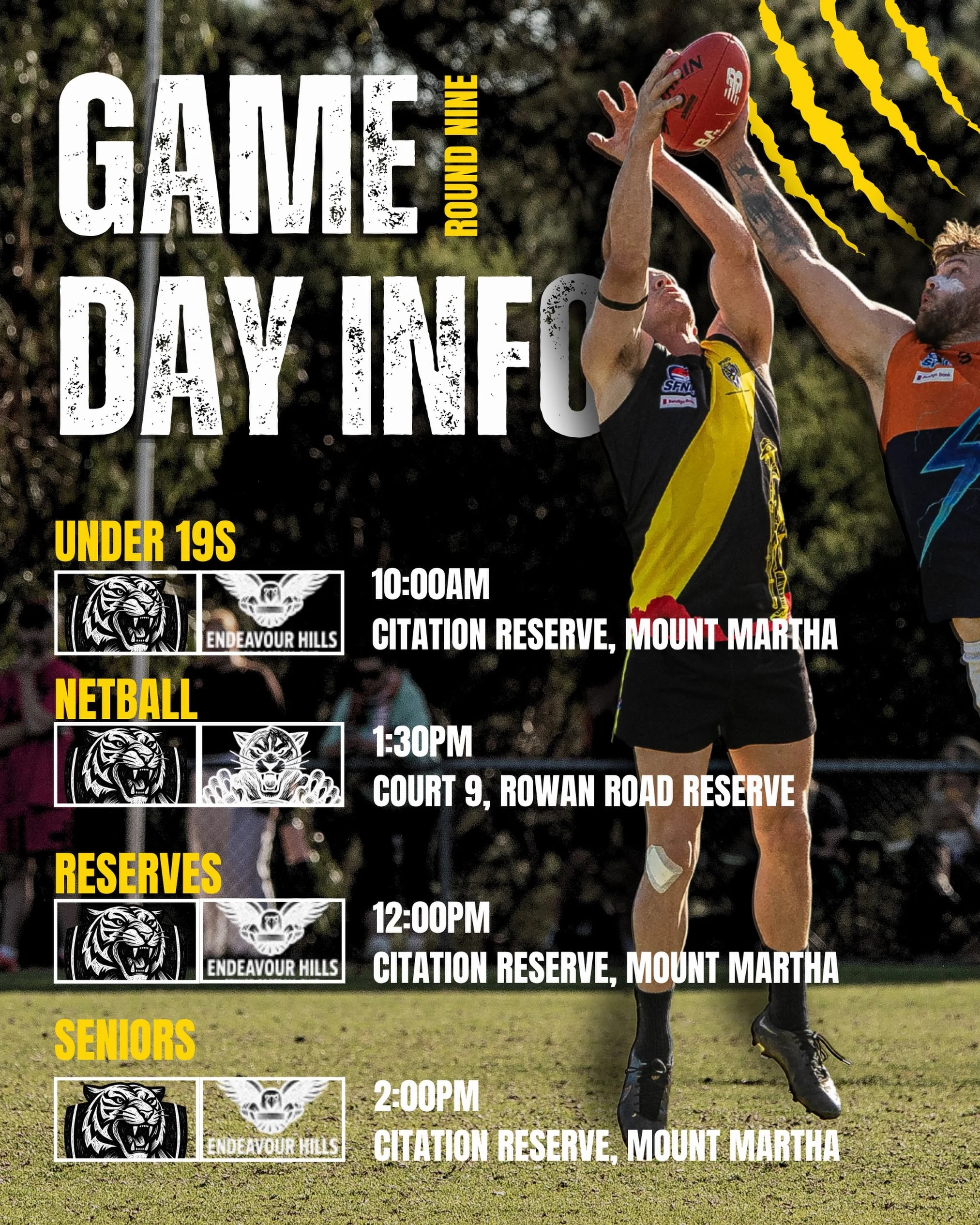 ROUND 9 &ndash; GAME DAY 🐯🔥

It&rsquo;s another massive Saturday for the Tigers with all three football sides at home taking on Endeavour Hills at Citation Oval! 💛🖤
Our Under 19s, Reserves and Seniors are ready to go and will be looking to make t