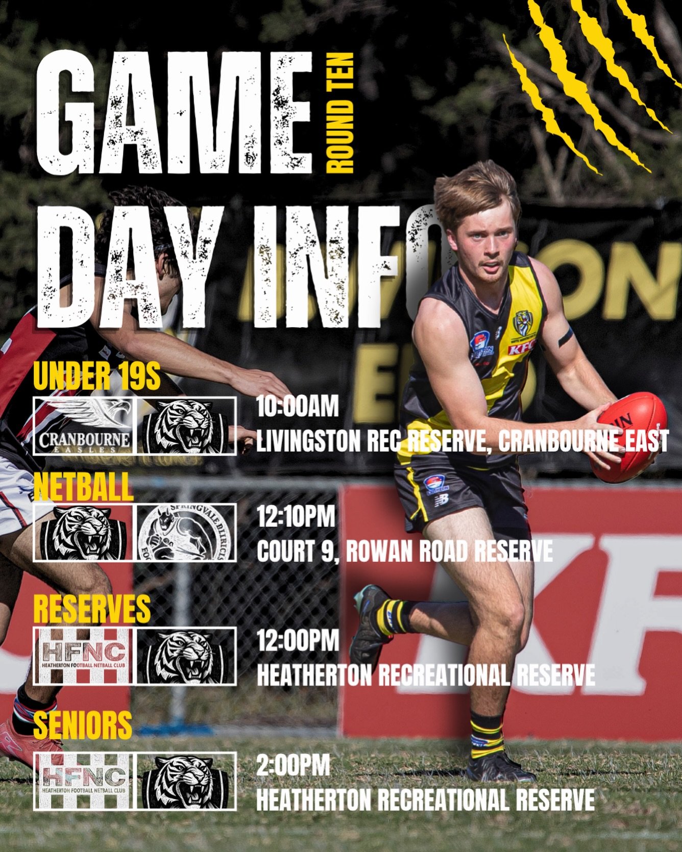 ROUND 10 &ndash; GAME DAY 🐯🔥

We&rsquo;re into double digits and another huge weekend awaits the Tigers! 💛🖤

Our Under 19s, Reserves and Seniors are ready to pull on the black and yellow once again as we hit the halfway mark of the season. 💪

Ev