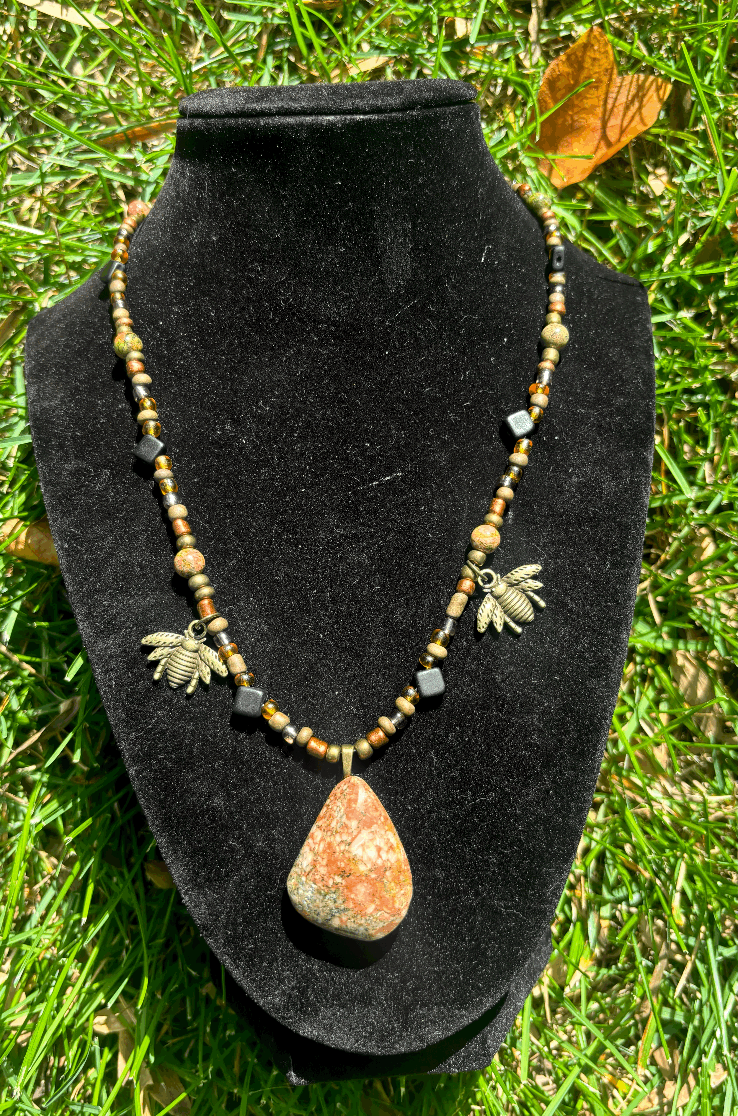 Unakite Beaded Necklace with Unique Charms