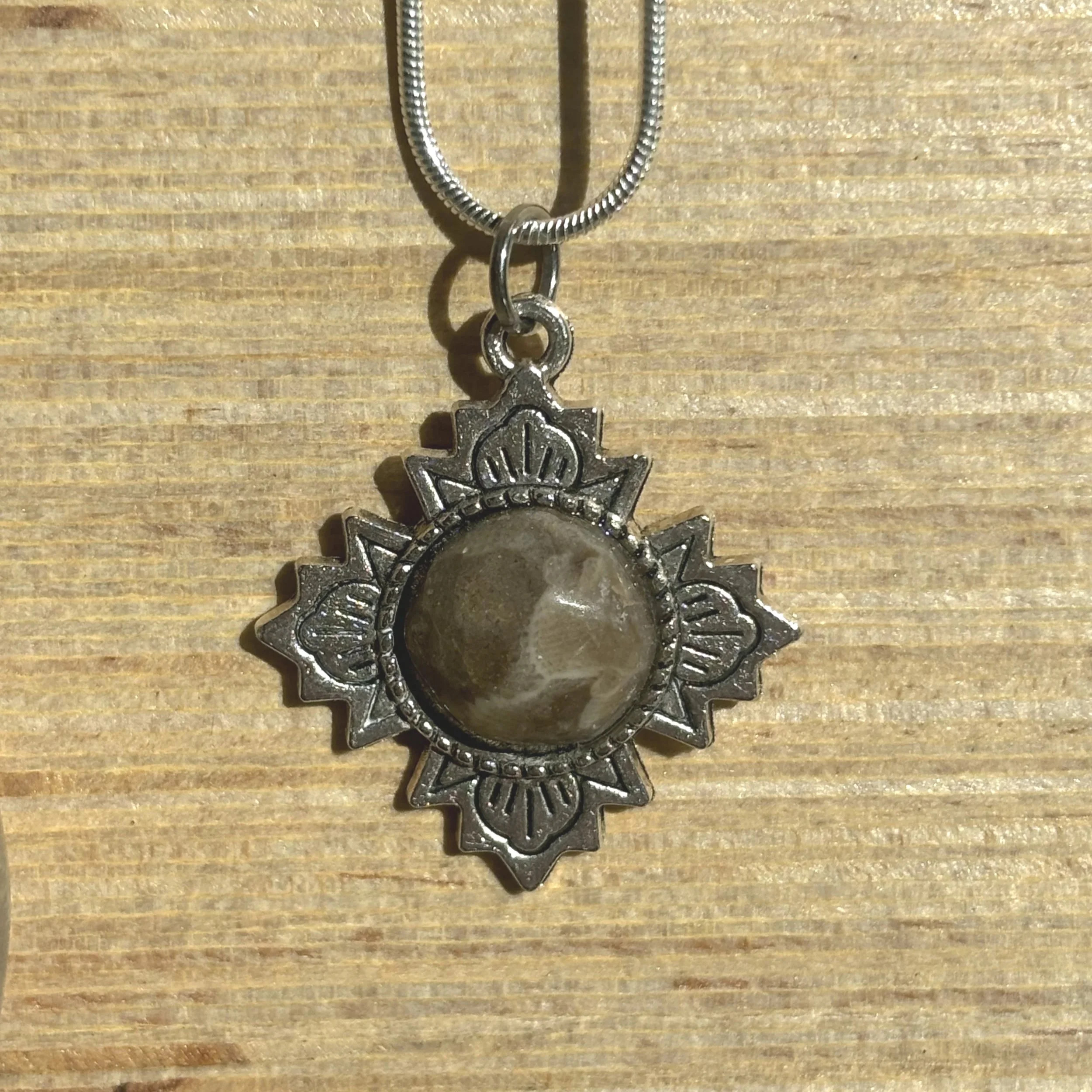 Polished Petoskey Stone Silver Star Pendant Necklace
