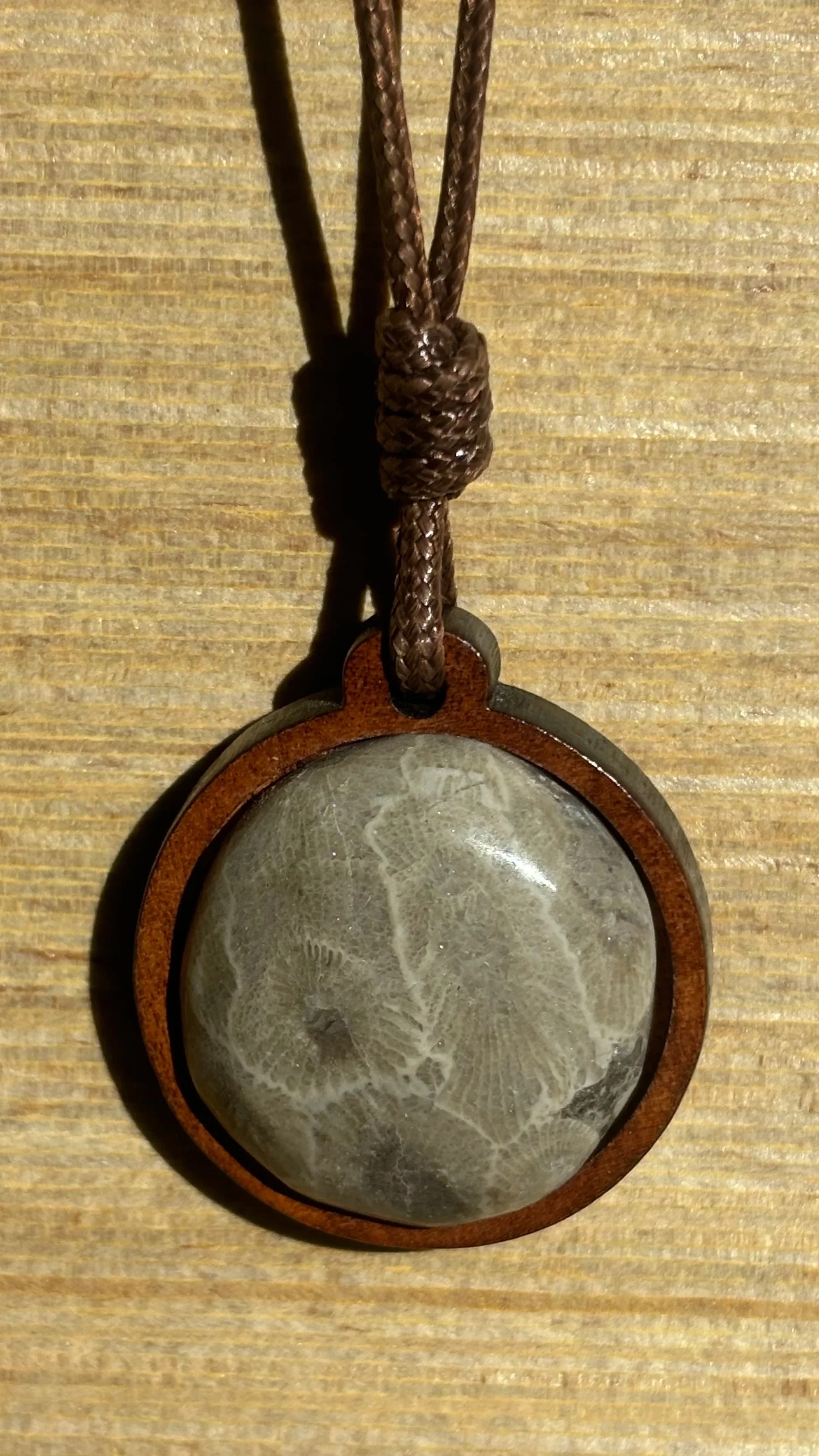 Polished Petoskey Stone Wooden Pendant