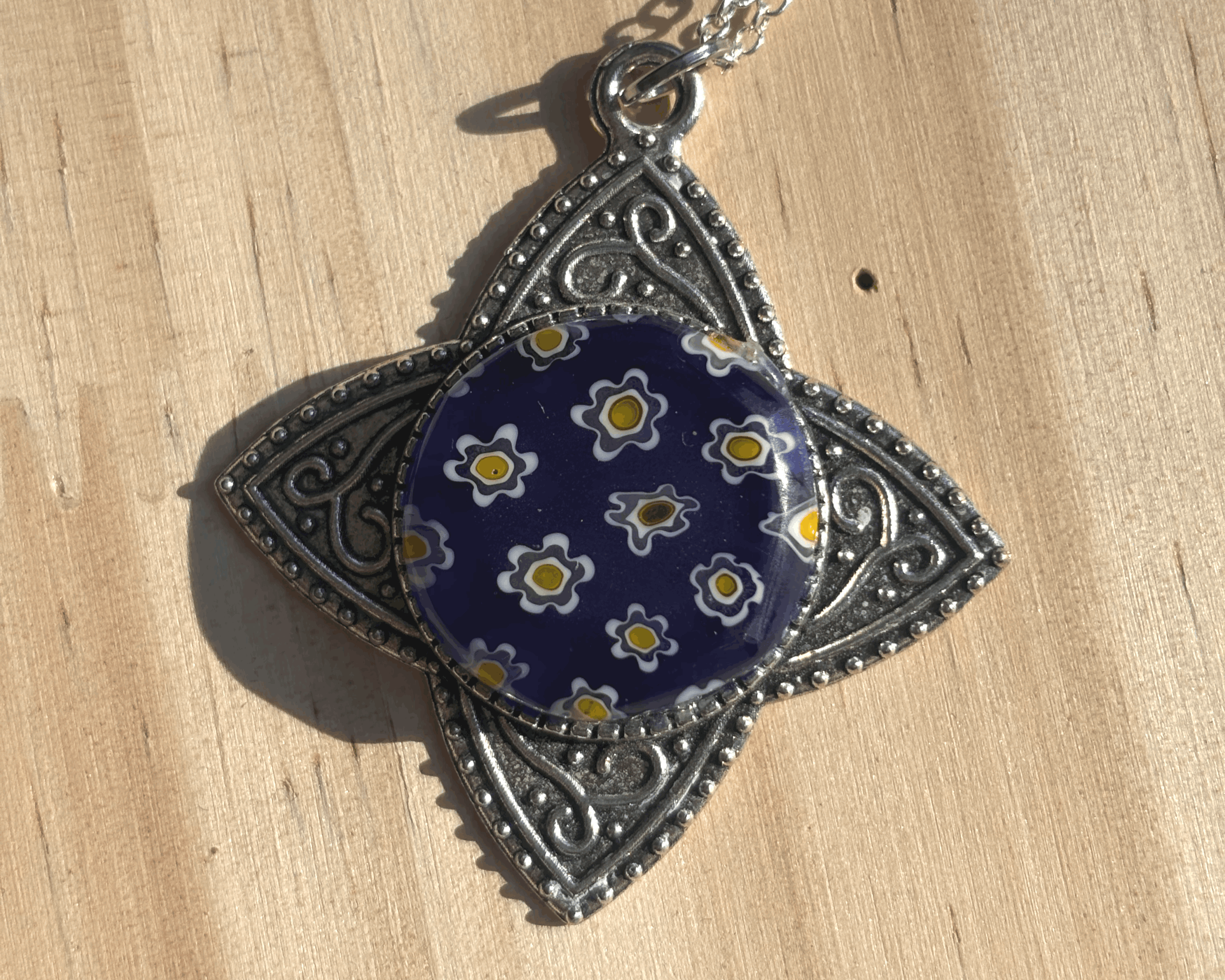 Daisy Millefiori Glass Silver Star Pendant Necklace