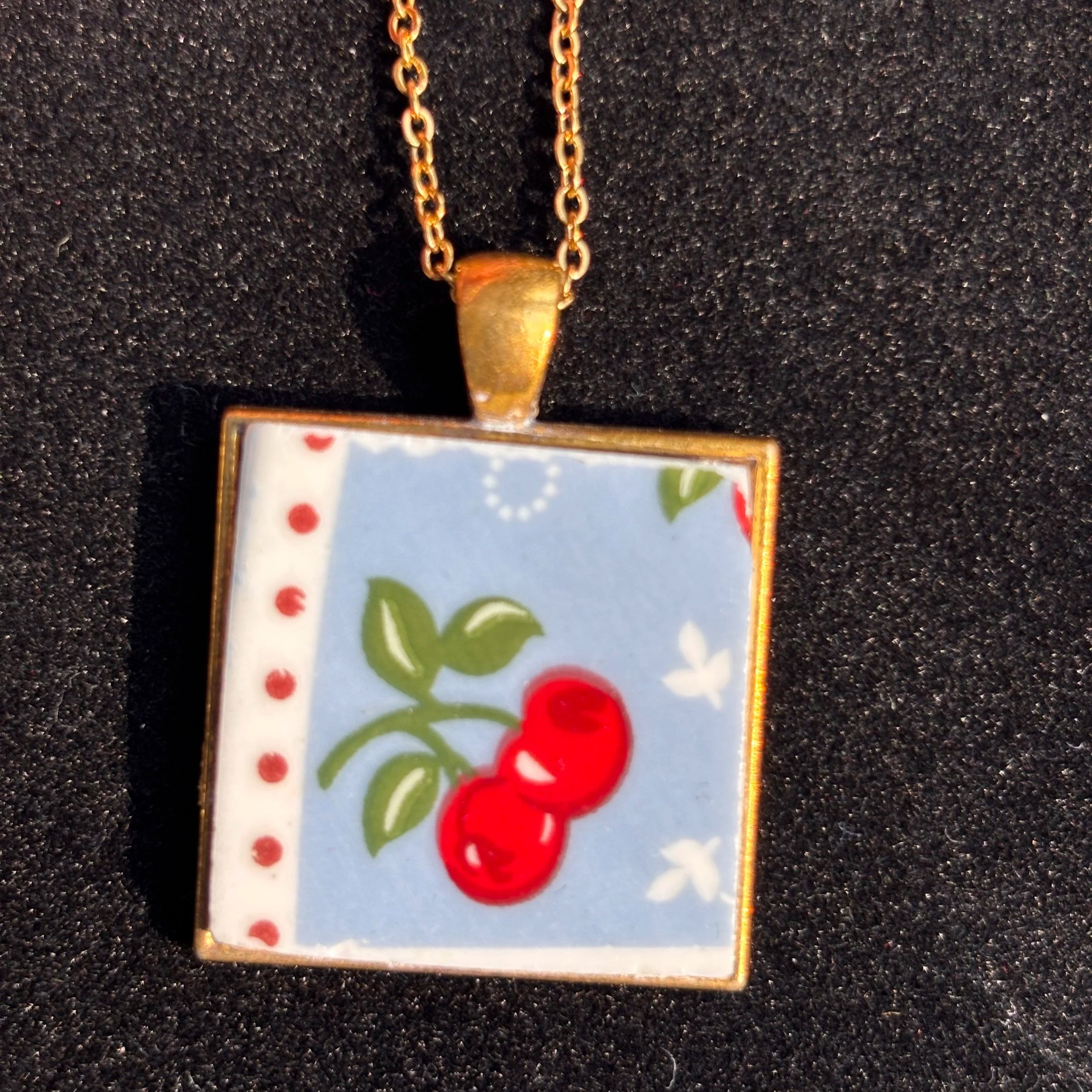 Porcelain Cherry Plate Pendant Necklace