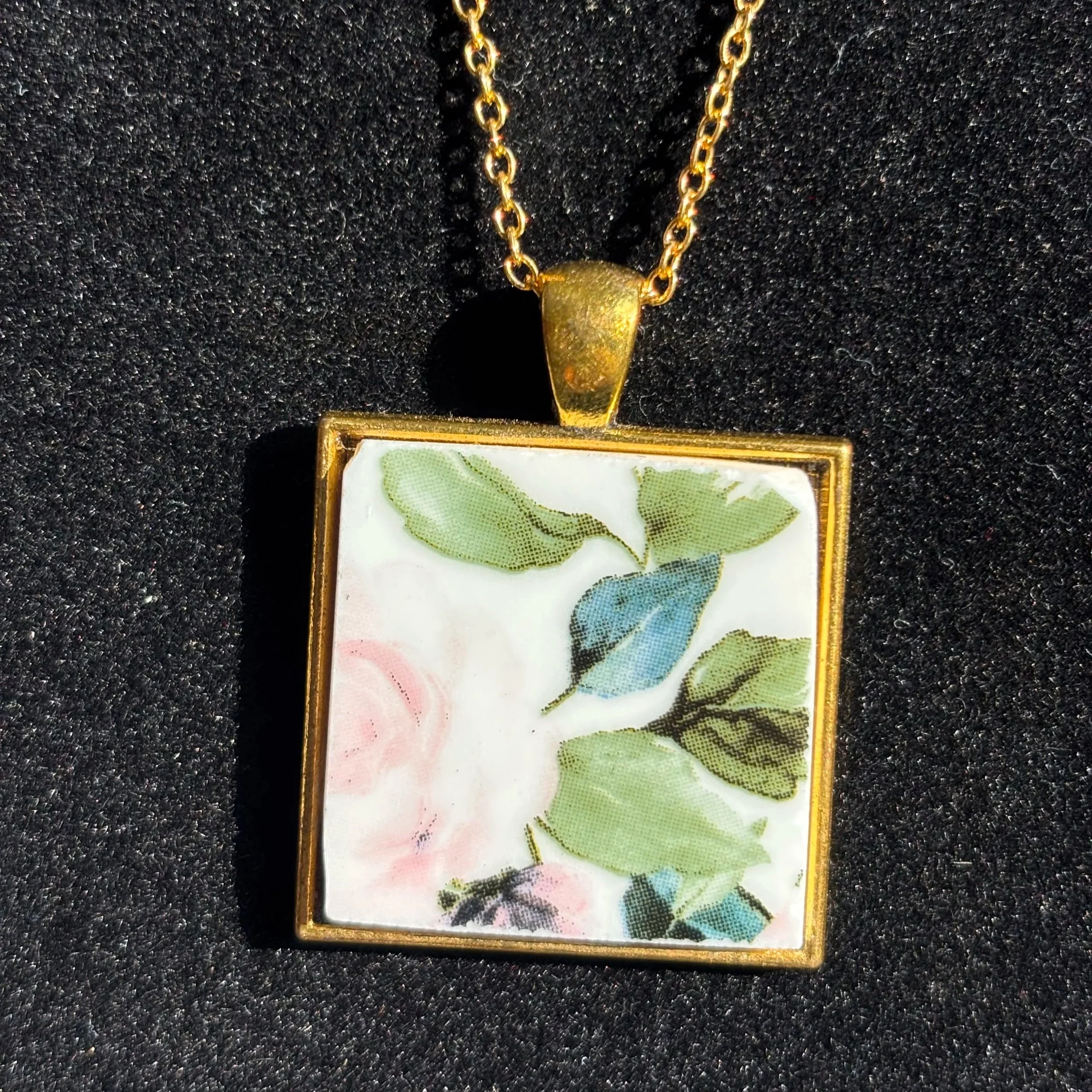 Vintage Floral Porcelain Pendant with Gold Bezel