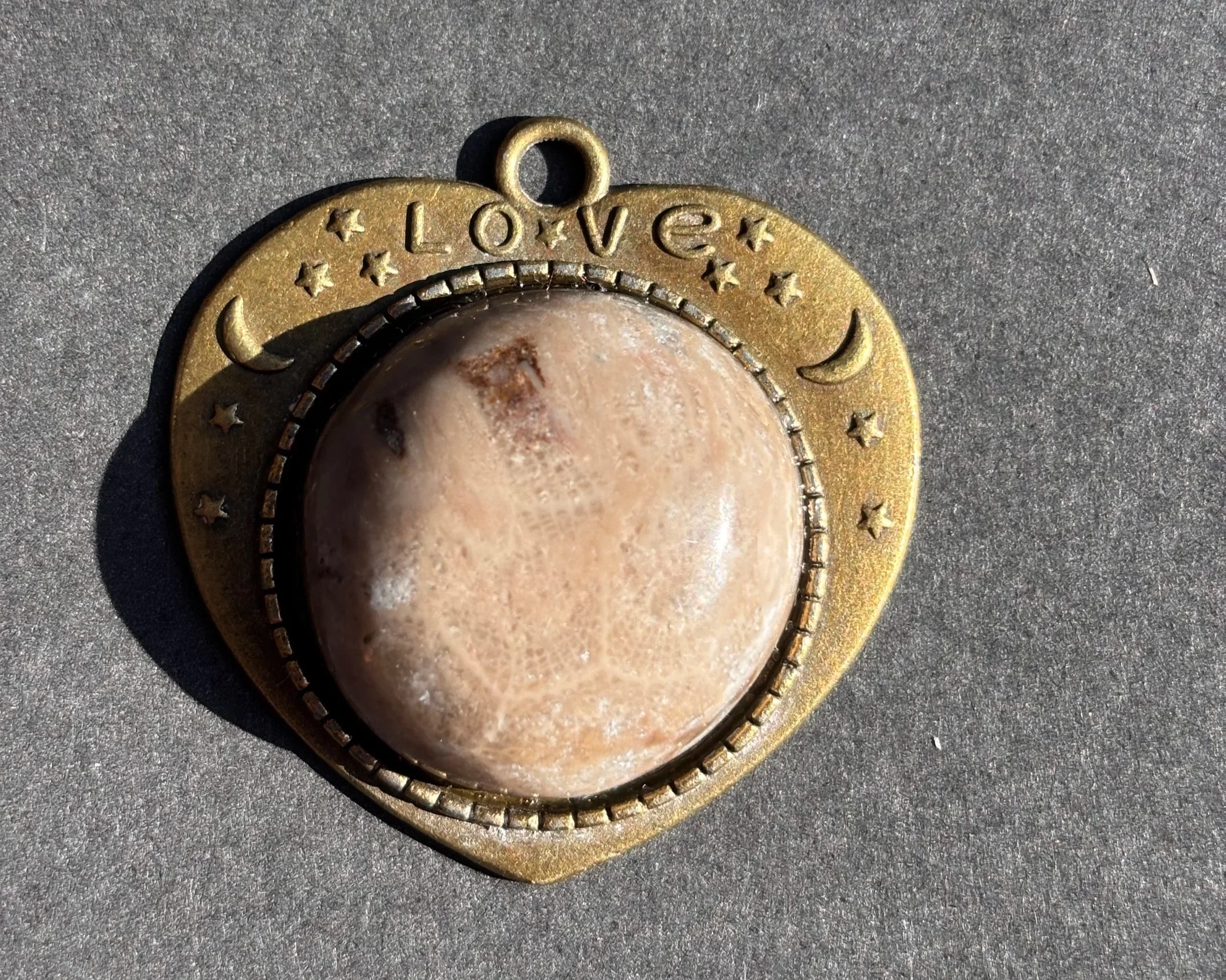 Polished Petoskey Love Pendant with Bronze Chain