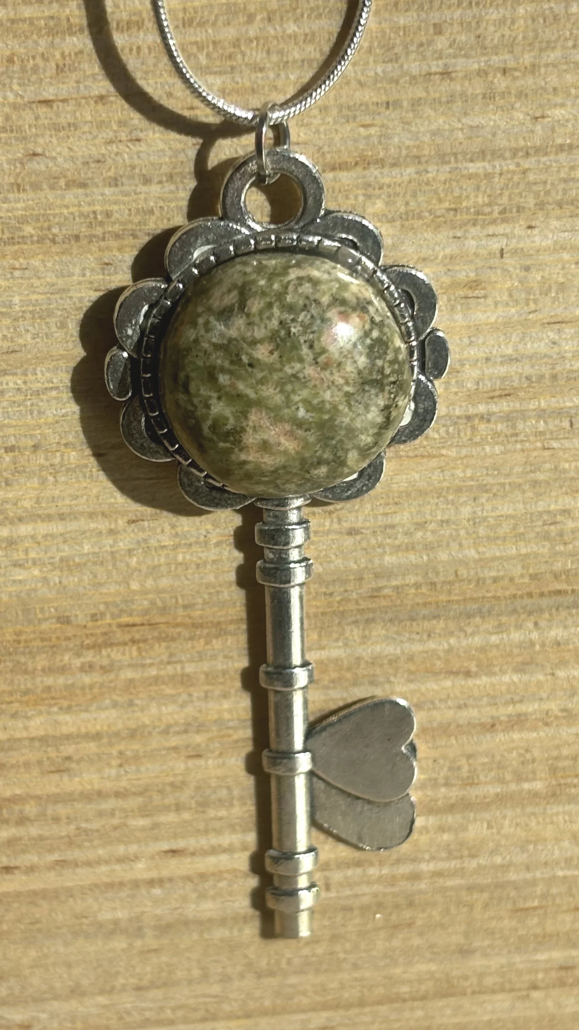 Elegant Green and Pink Stone Silver Key Pendant