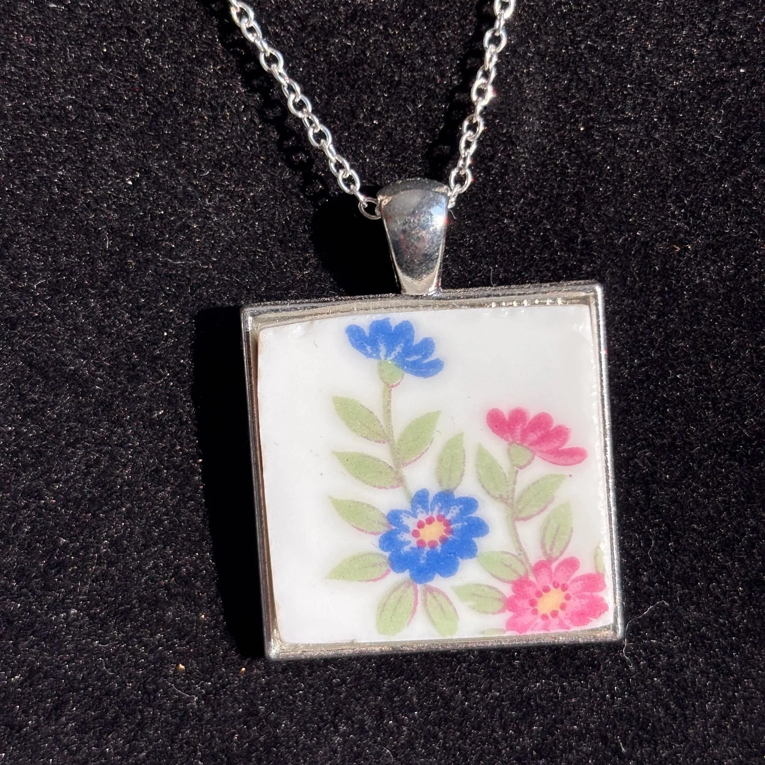 Vibrant Floral Porcelain Square Pendant