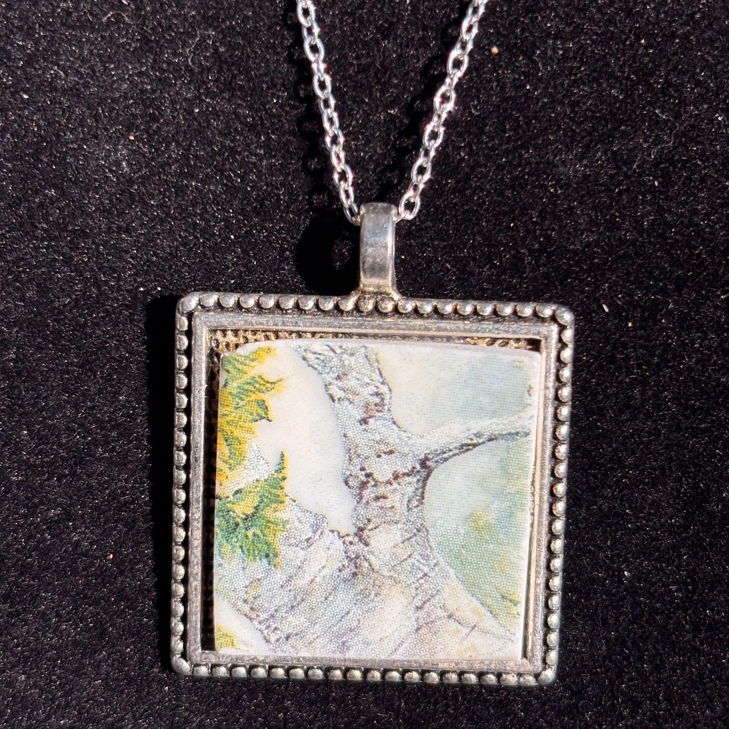 Vintage Porcelain Plate Birch Tree Pendant