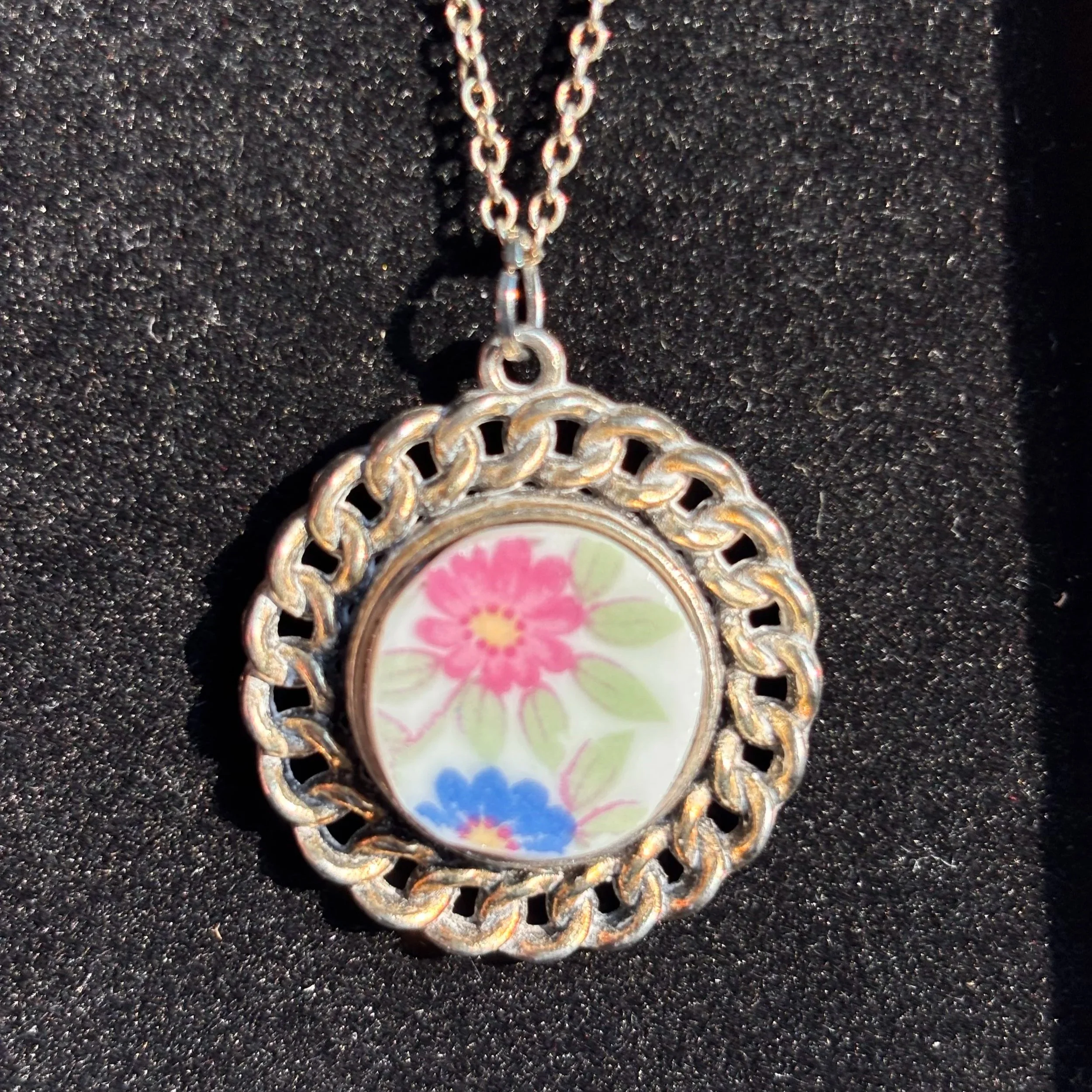Floral Vintage Porcelain Pendant Necklace