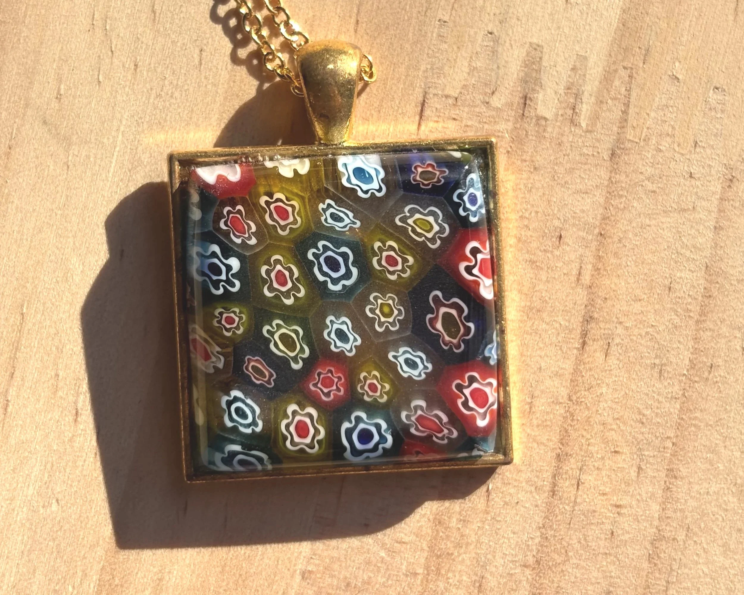 Rainbow Millefiori Glass Pendant in Gold Bezel