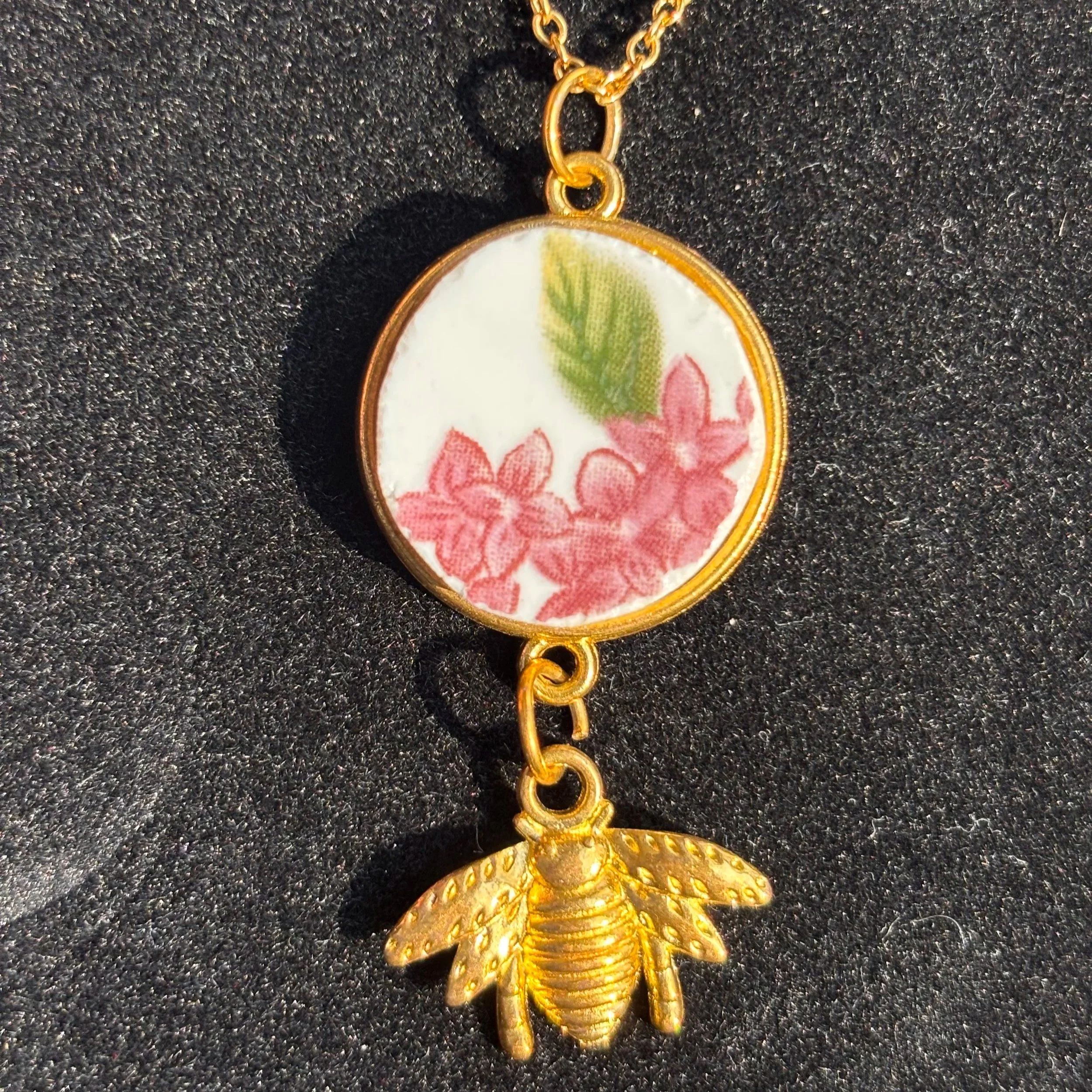 Lilac Blossom Porcelain Pendant with Gold Bee Charm