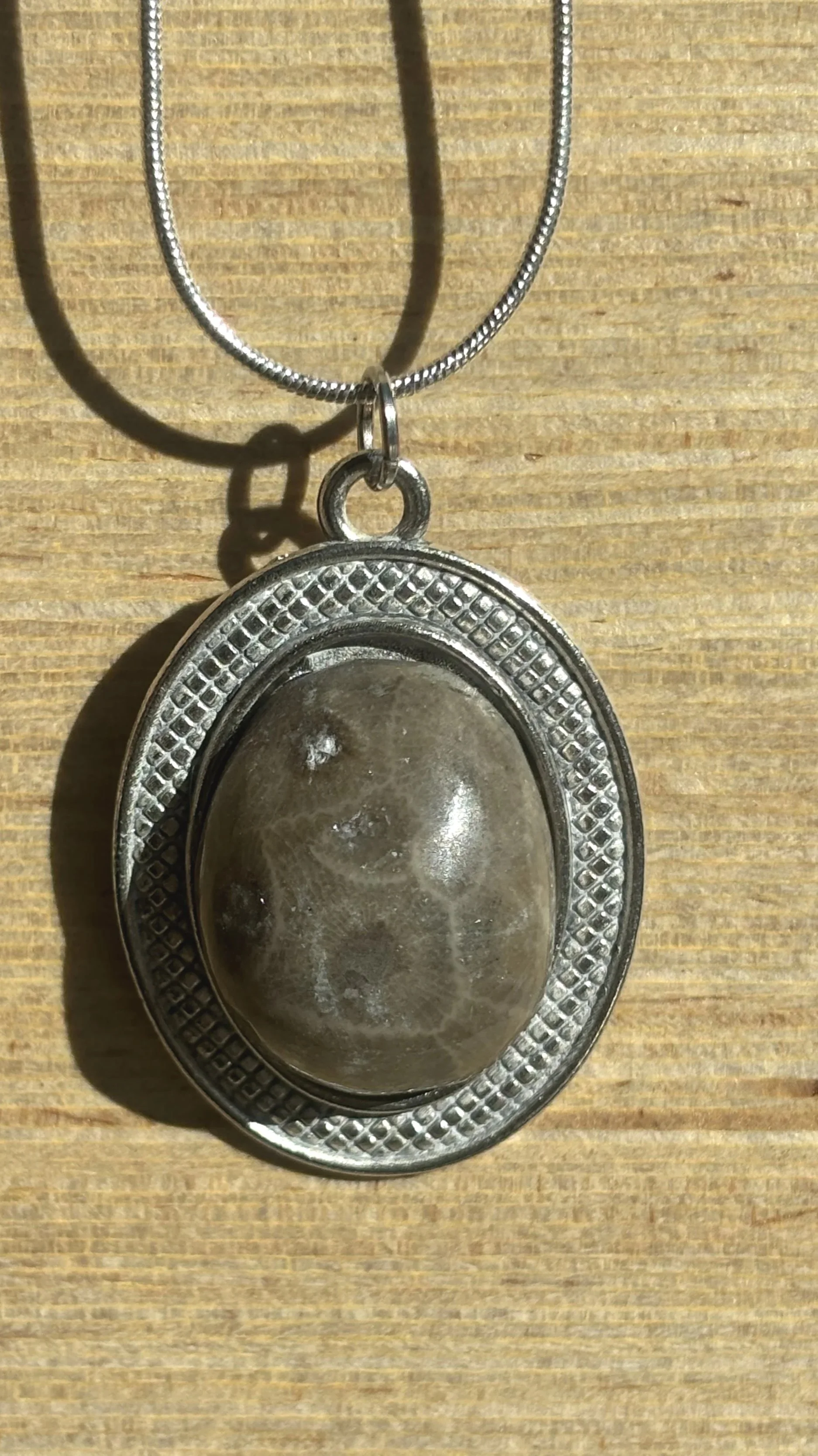 Polished Petoskey Stone Necklace with Oval Silver Setting