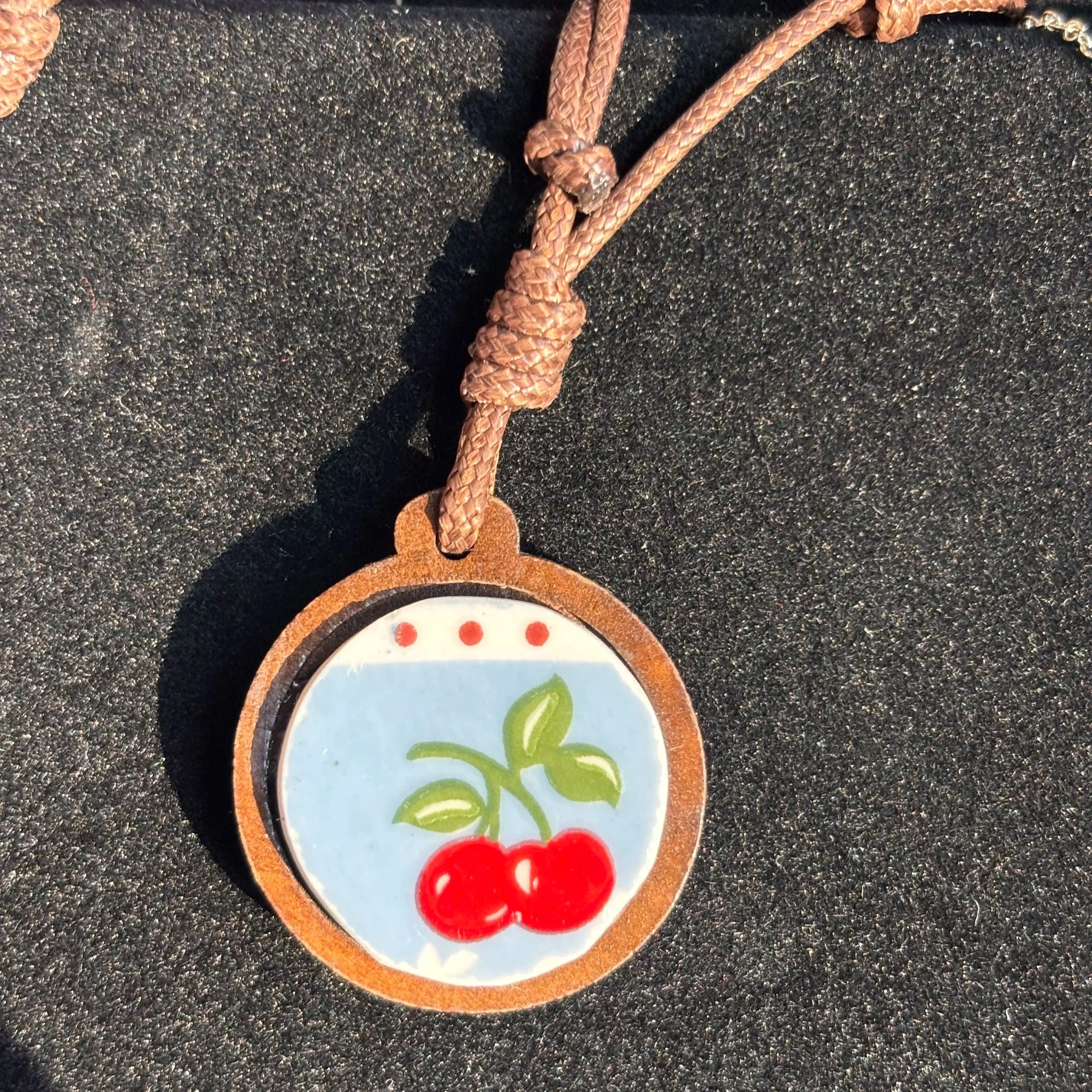 Cherry Porcelain Plate Pendant with Wooden Bezel