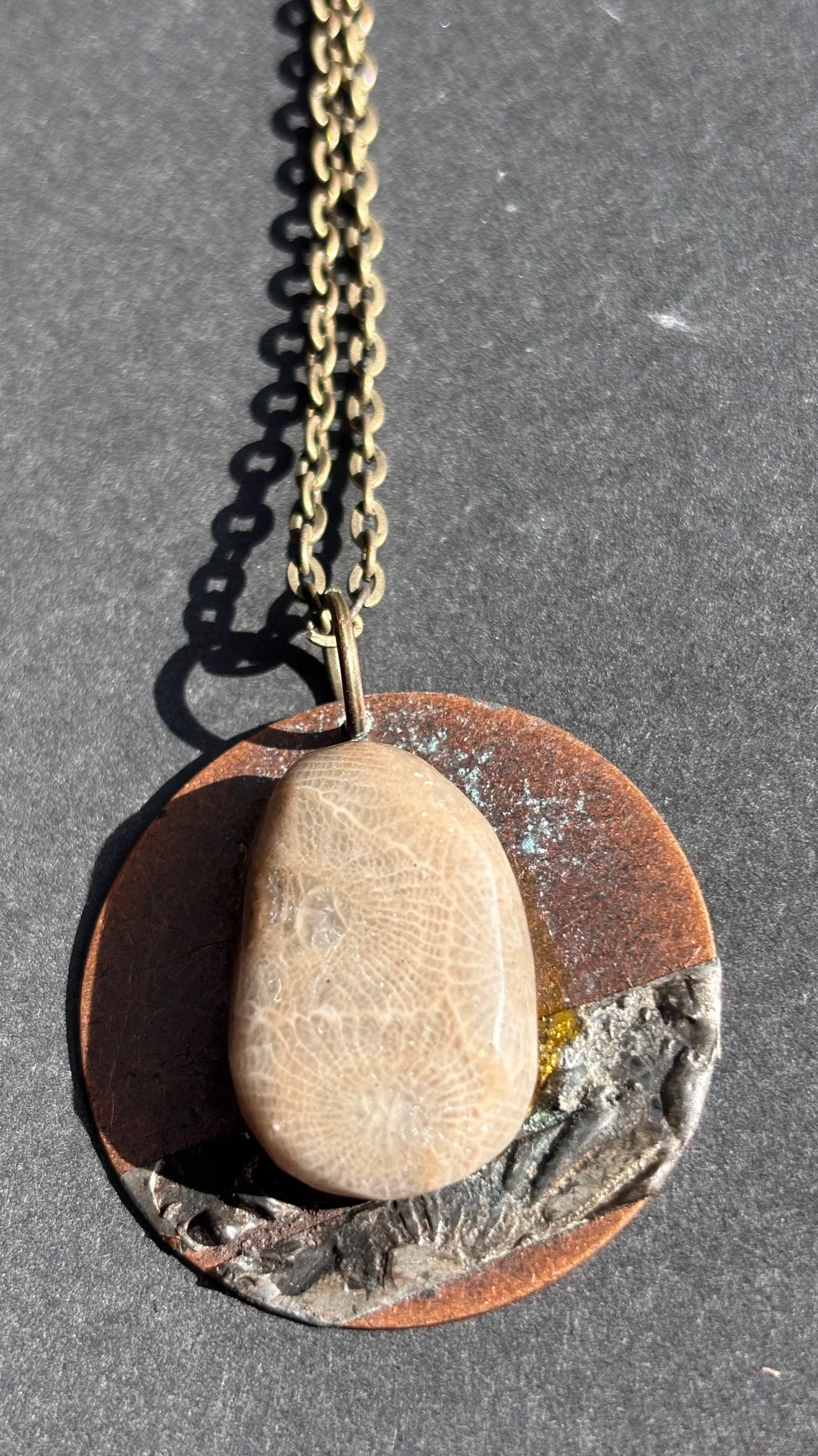 Funky Petoskey Copper Fused Pendant on a Bronze Chain
