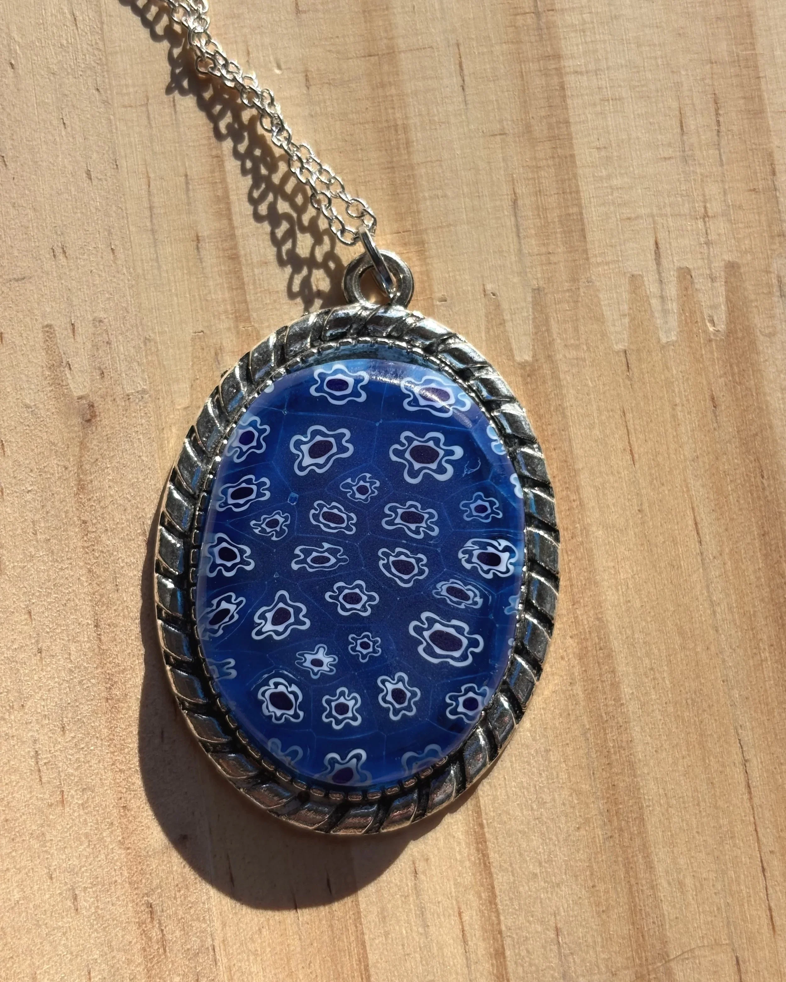 Blue Millefiori Floral Pendant Necklace