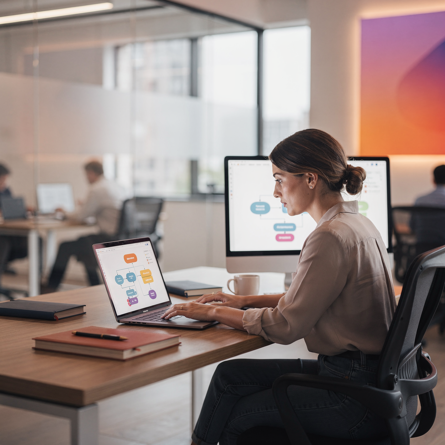 Woman working on a laptop at a desk with two monitors displaying flowcharts in a modern office