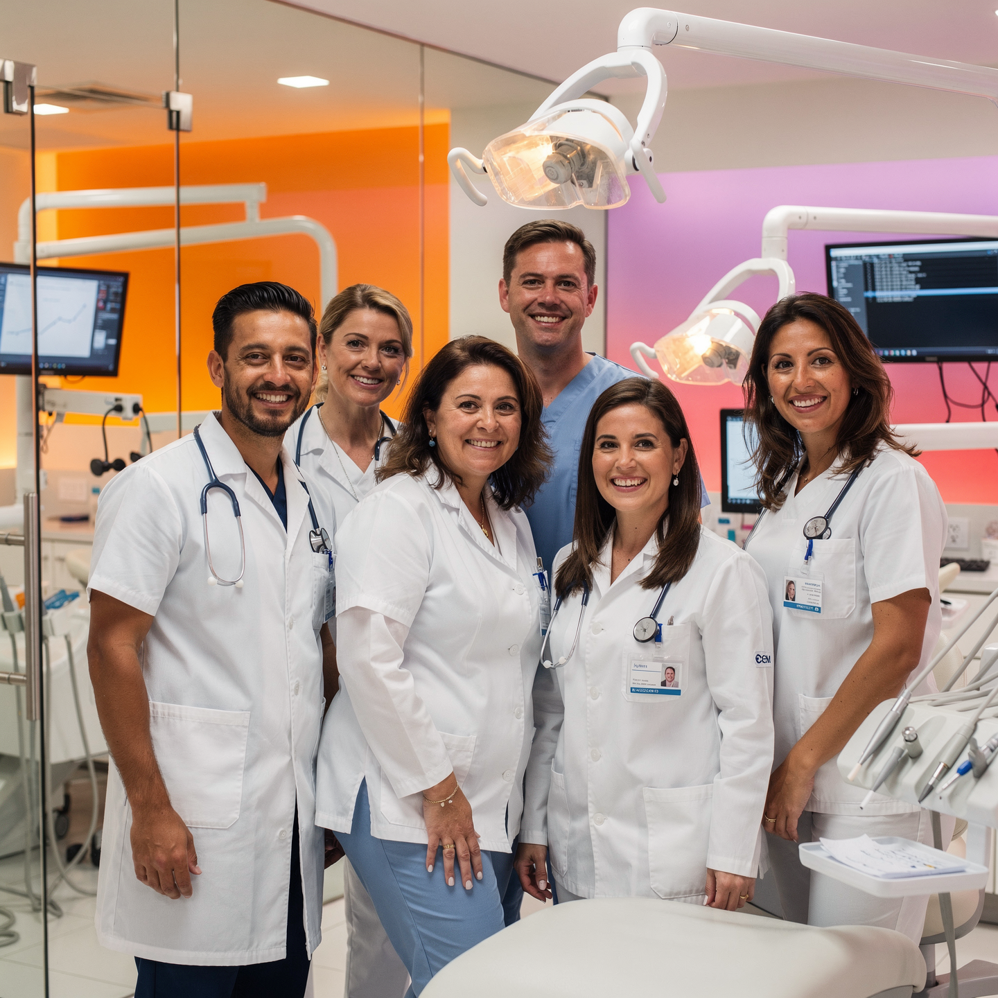 Group of six diverse medical professionals in a hospital or clinic setting, smiling and looking at the camera, with medical equipment and monitors in the background.