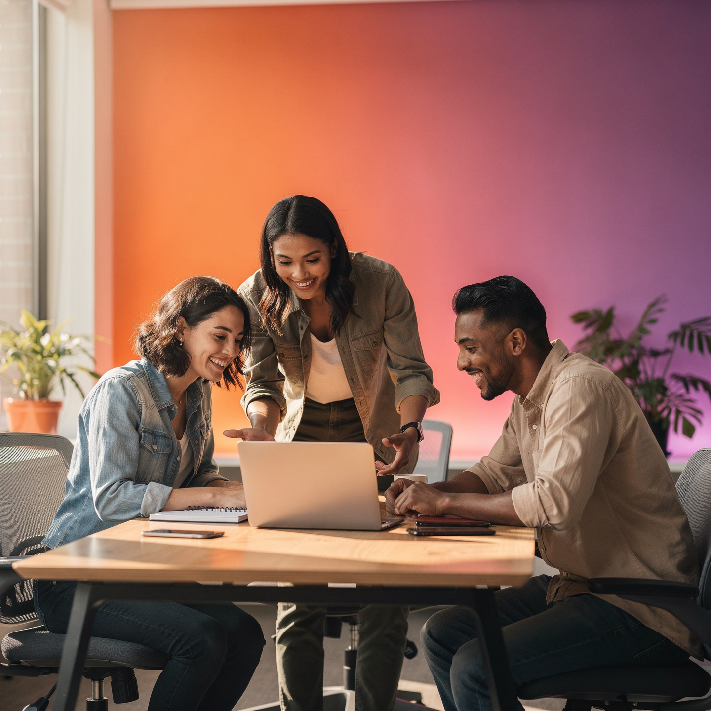 Three young adults looking at a laptop and smiling during a meeting in a colorful office.