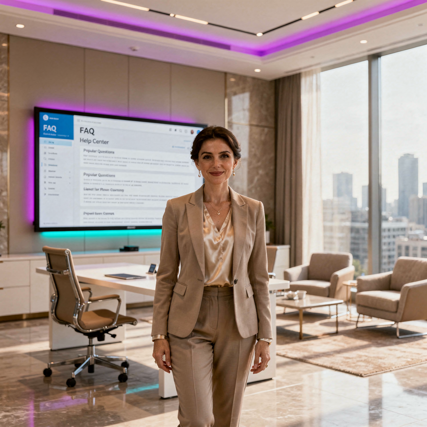 A woman in a beige business suit stands in a modern office with large windows, overlooking a city skyline. Behind her, a large screen displays an FAQ webpage on a help center.