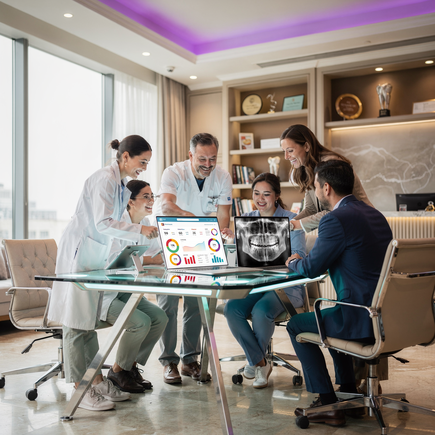 Healthcare team discussing patient data and X-ray in a conference room conference room with large window, bookshelves, and awards.