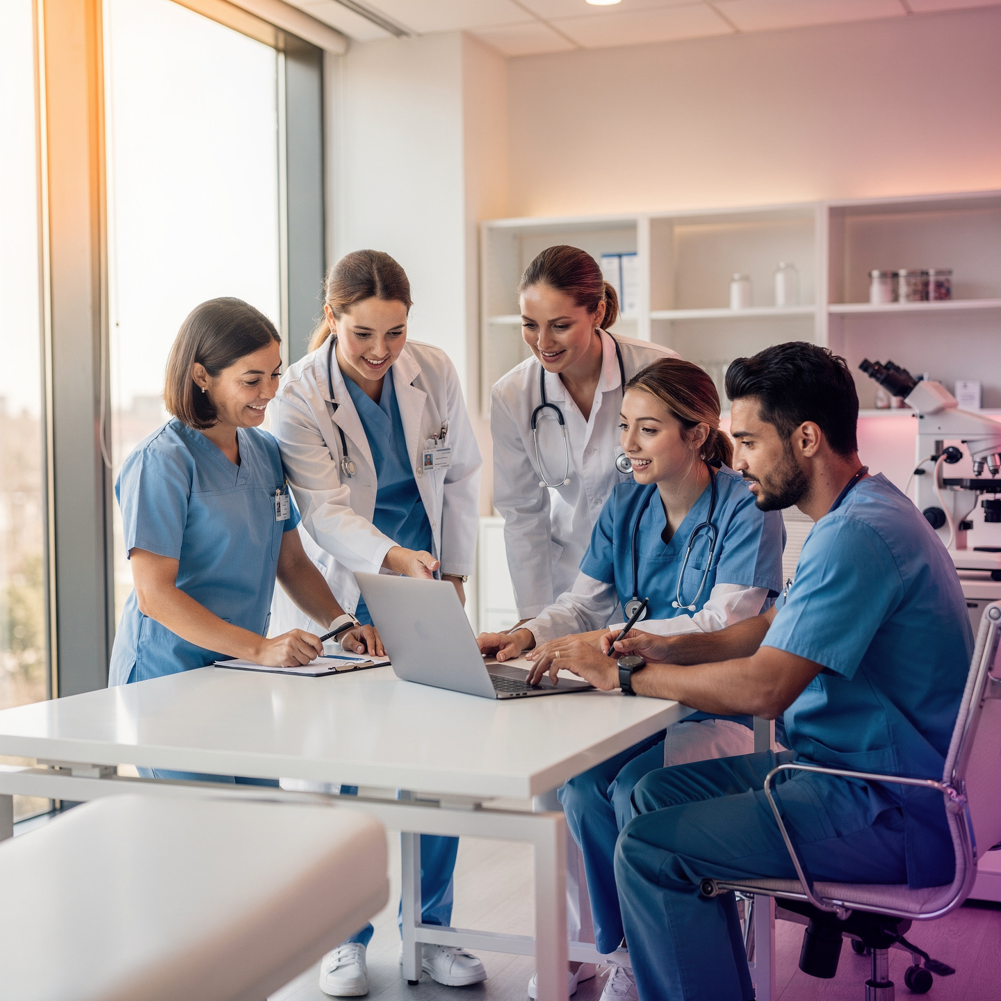 A group of five healthcare professionals, including doctors and nurses, gathered around a laptop in a medical office, discussing and collaborating.