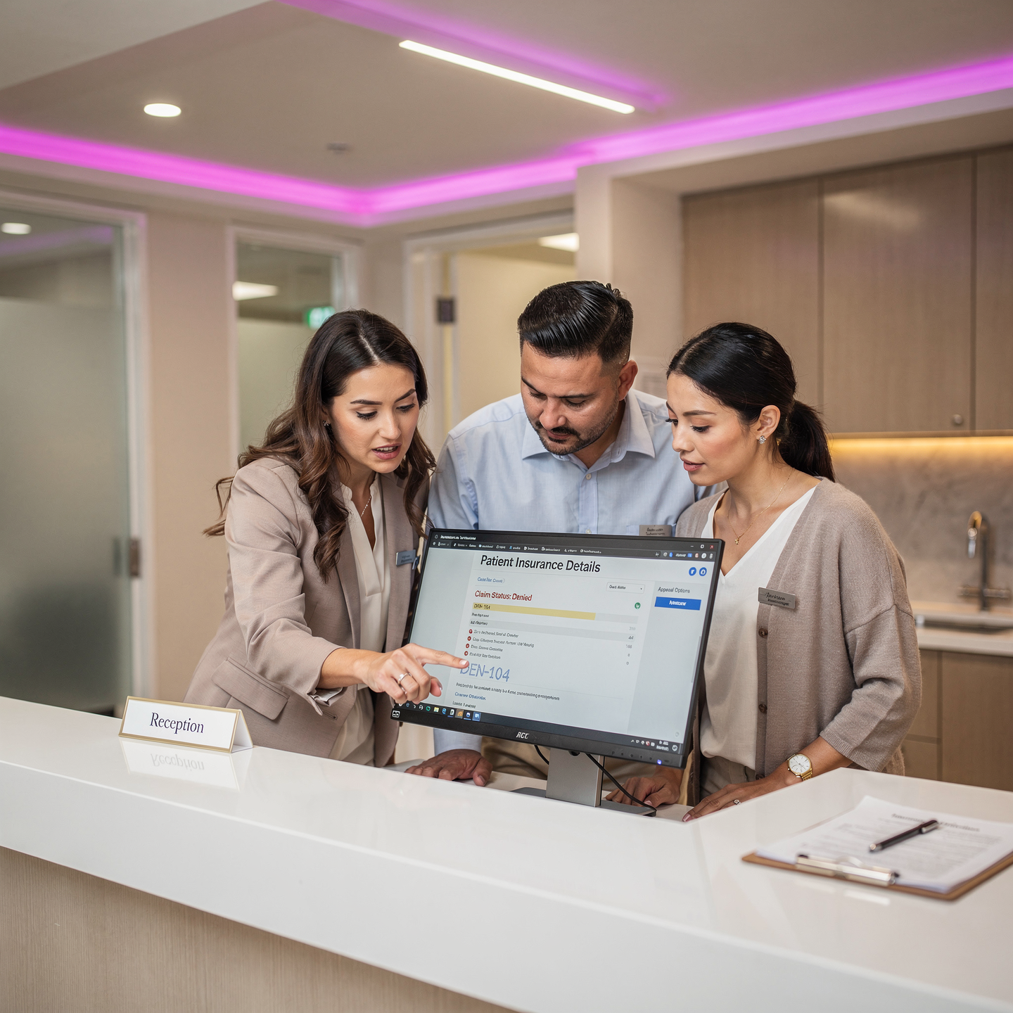 Three healthcare professionals discussing patient insurance details at reception desk in a modern clinic.