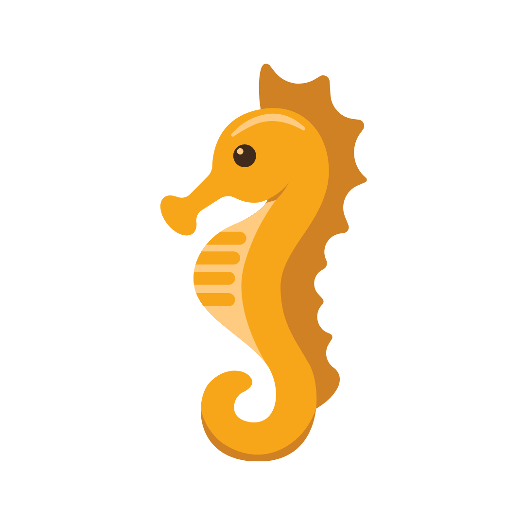 Illustration of a seahorse, facing left, with a bright yellow body and brown dorsal fin.