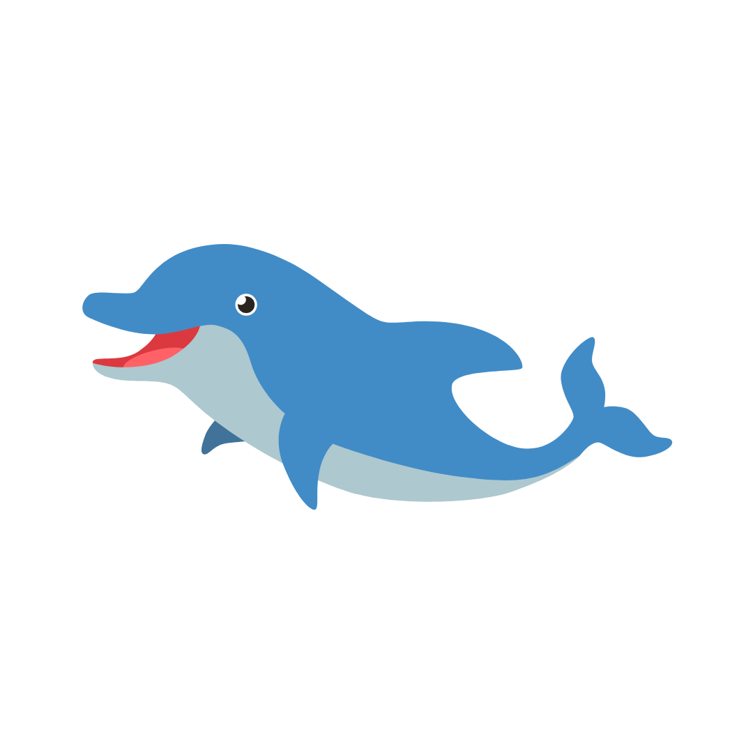 Cartoon illustration of a smiling blue dolphin with a white belly, facing left.