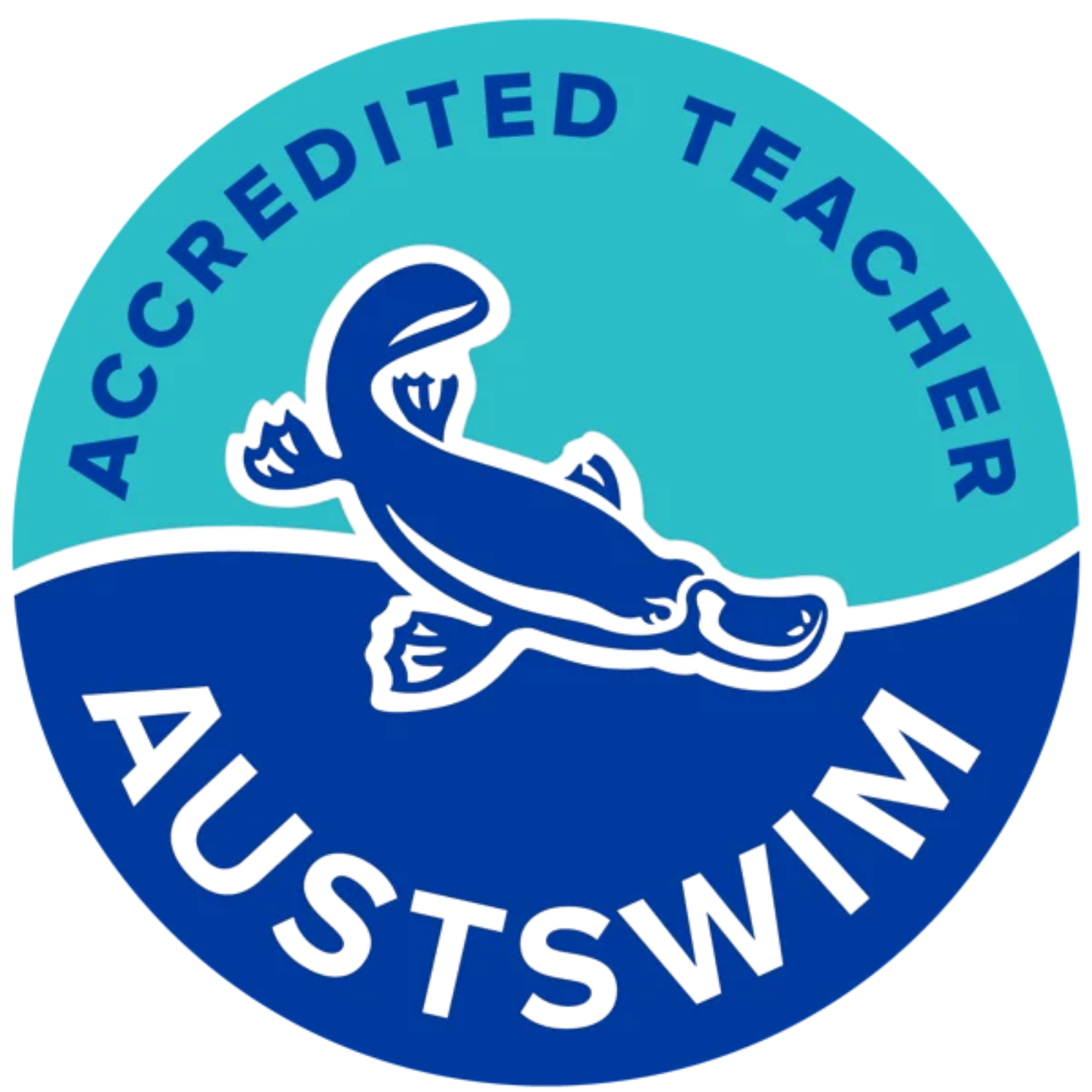 Round logo with a blue amphibian leaping over a grassy field, text reads 'ACRECREDITED TEACHER' at the top and 'HUSTSWIN' at the bottom.