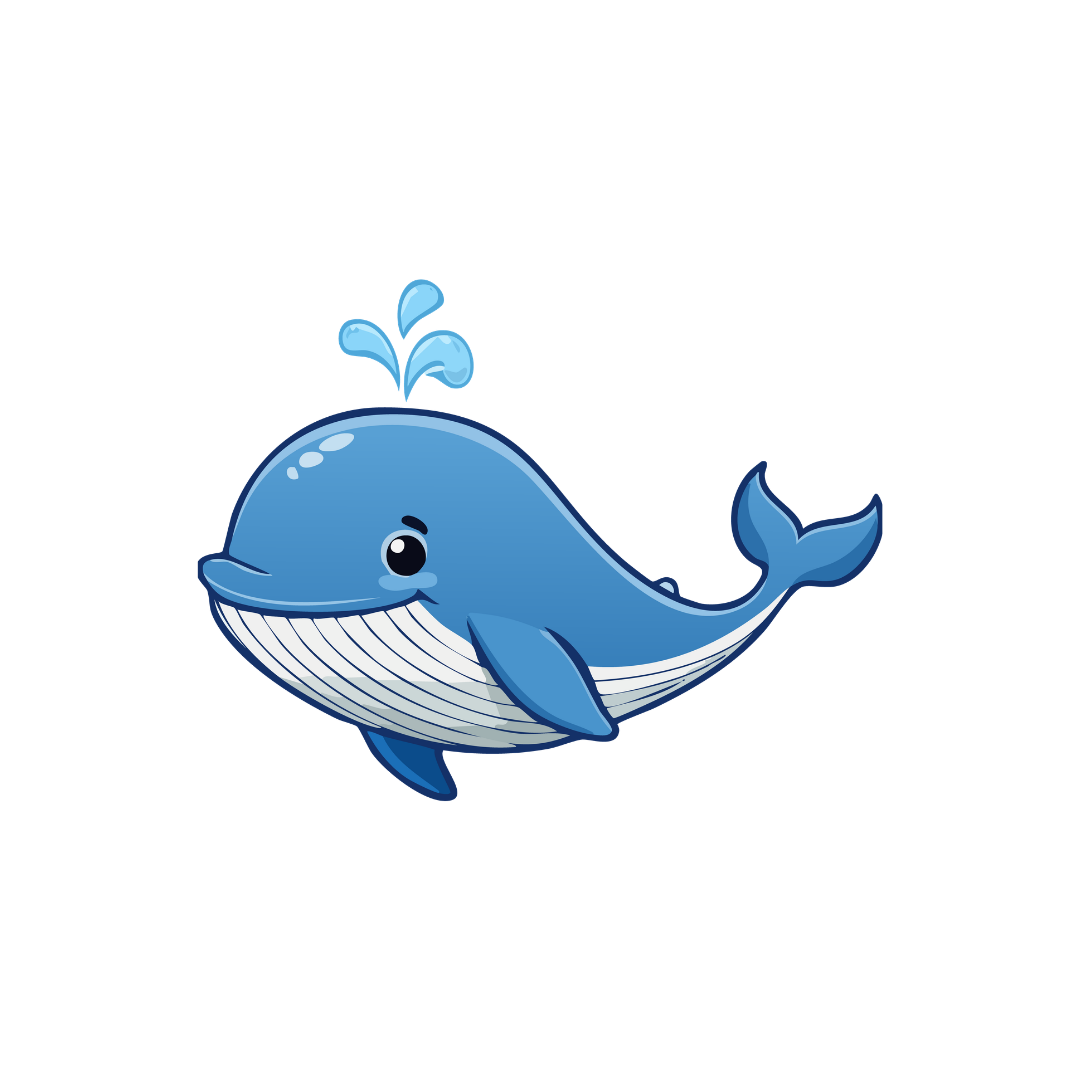 Cartoon blue whale with water spouting from blowhole, smiling, against a dark background.