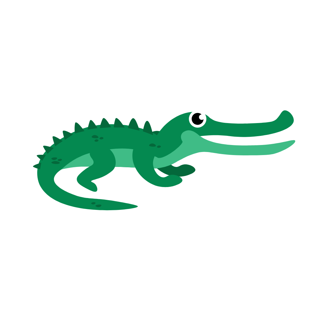 Cute cartoon alligator with green body, large eye, and sharp teeth.