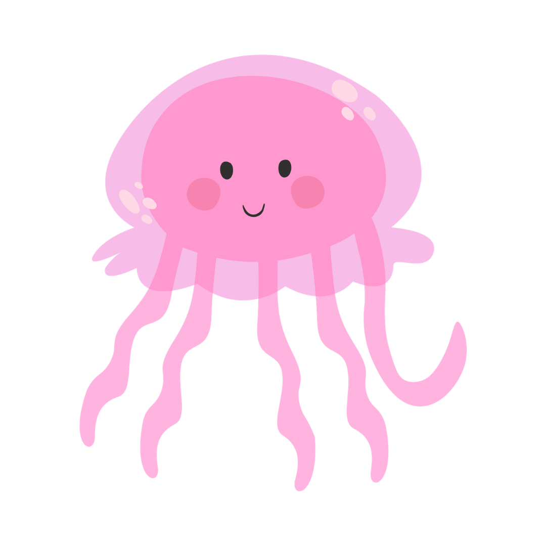 Cute pink cartoon jellyfish with a smiling face and blushing cheeks.