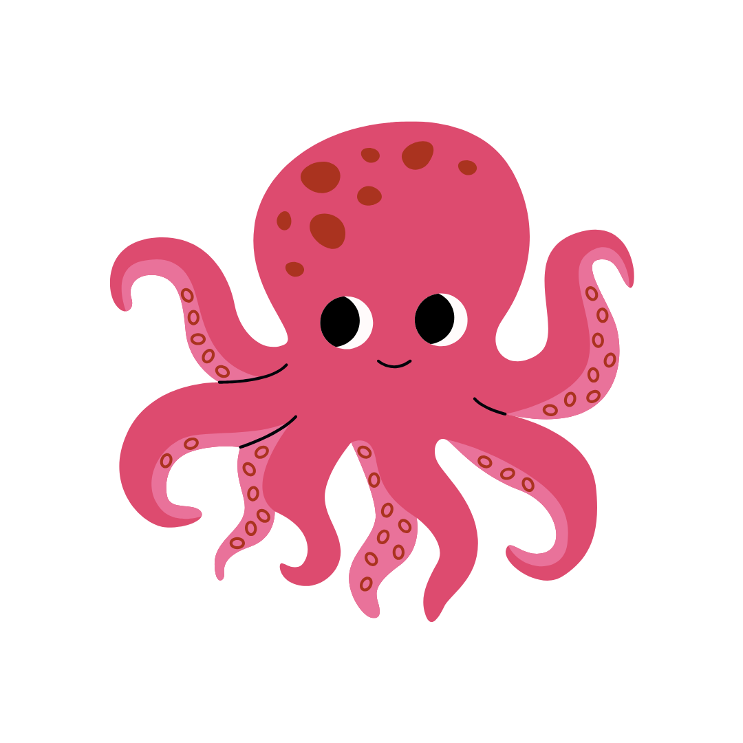 Cute pink cartoon octopus with big eyes and a small smile, featuring brown spots on its head and curling tentacles.