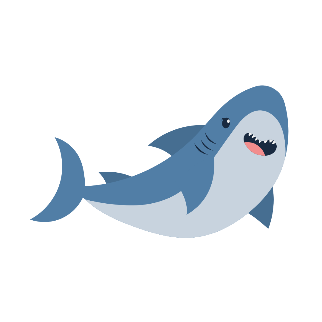 Cartoon of a smiling shark with a friendly appearance.